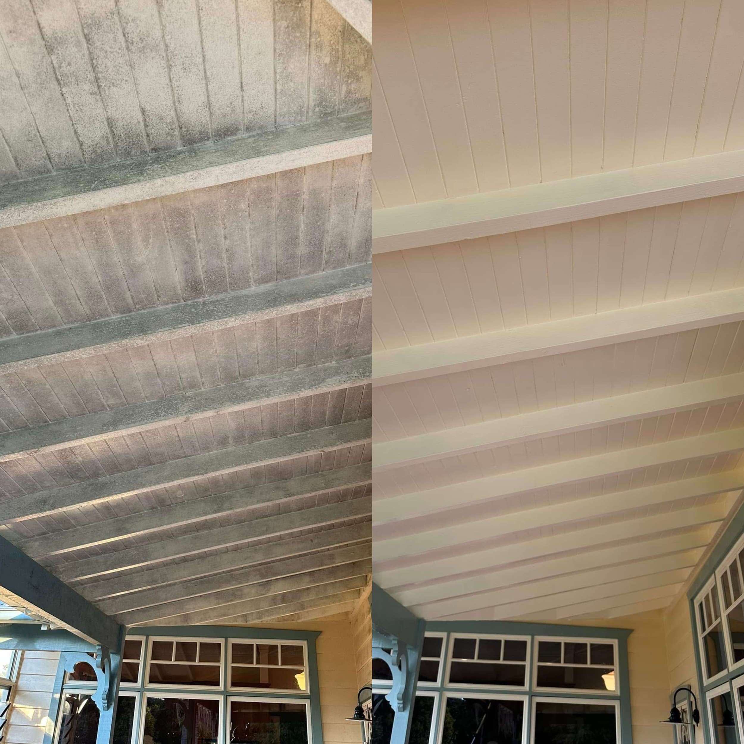 Comparison of a ceiling before and after painting. Left side shows a ceiling with unfinished, weathered wood, and right side shows the same ceiling after painting with a smooth, white finish.