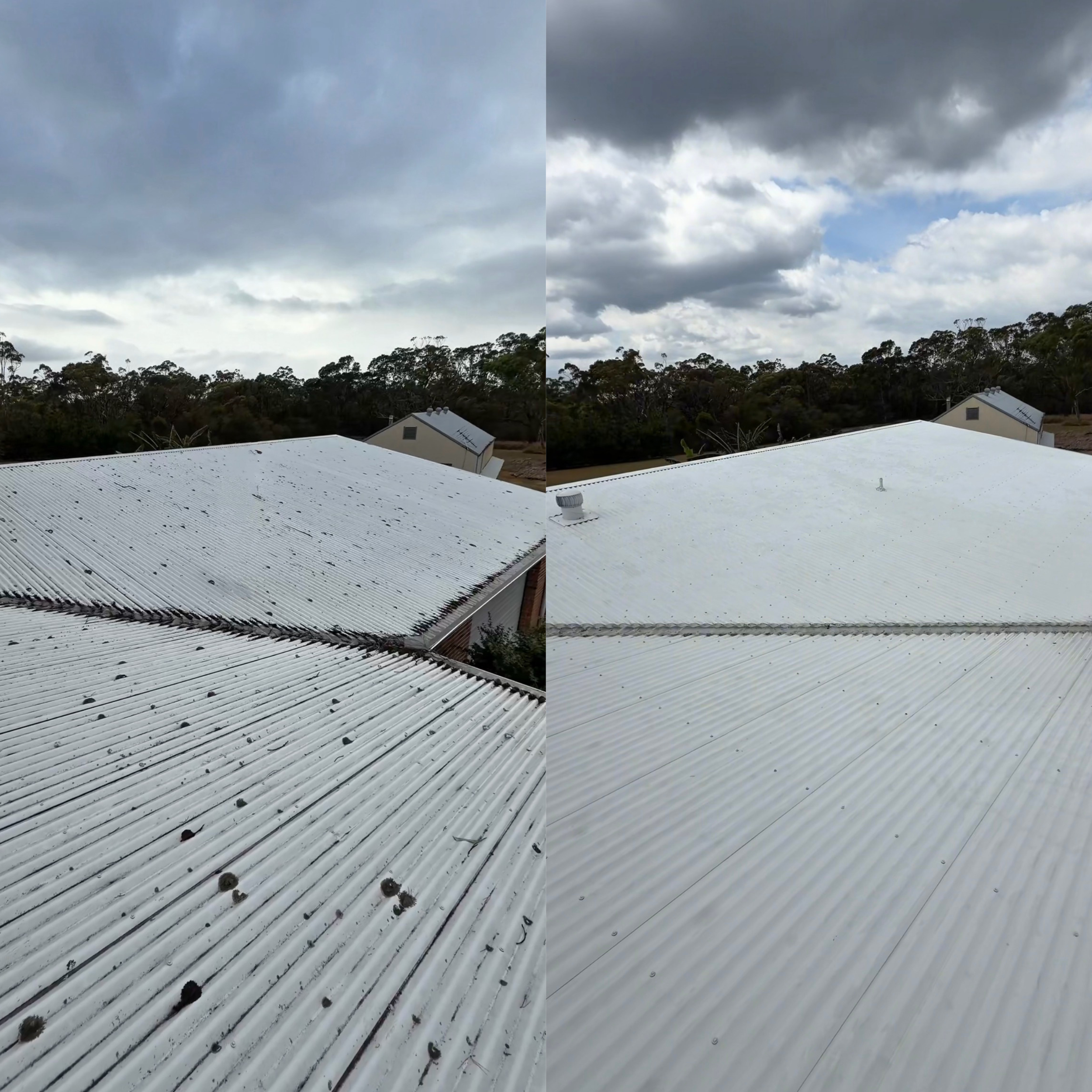 Red tiled roof of a house with some moss and dirt, overlooking neighboring houses and trees under a clear blue sky.