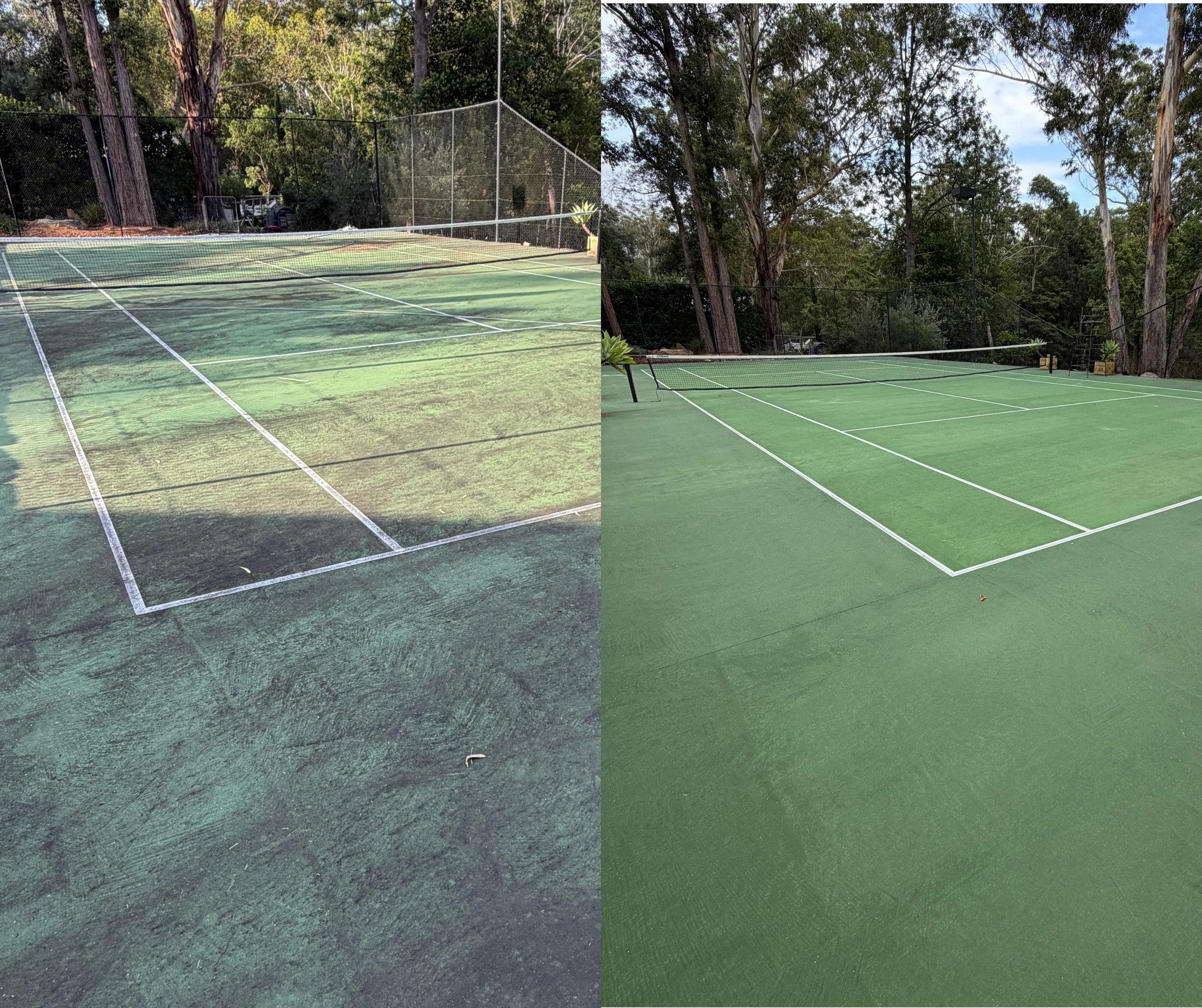 Side-by-side comparison of two tennis courts in a wooded area. The left court appears old, with a worn and discolored surface, while the right court looks new with a fresh green surface and bright white lines.