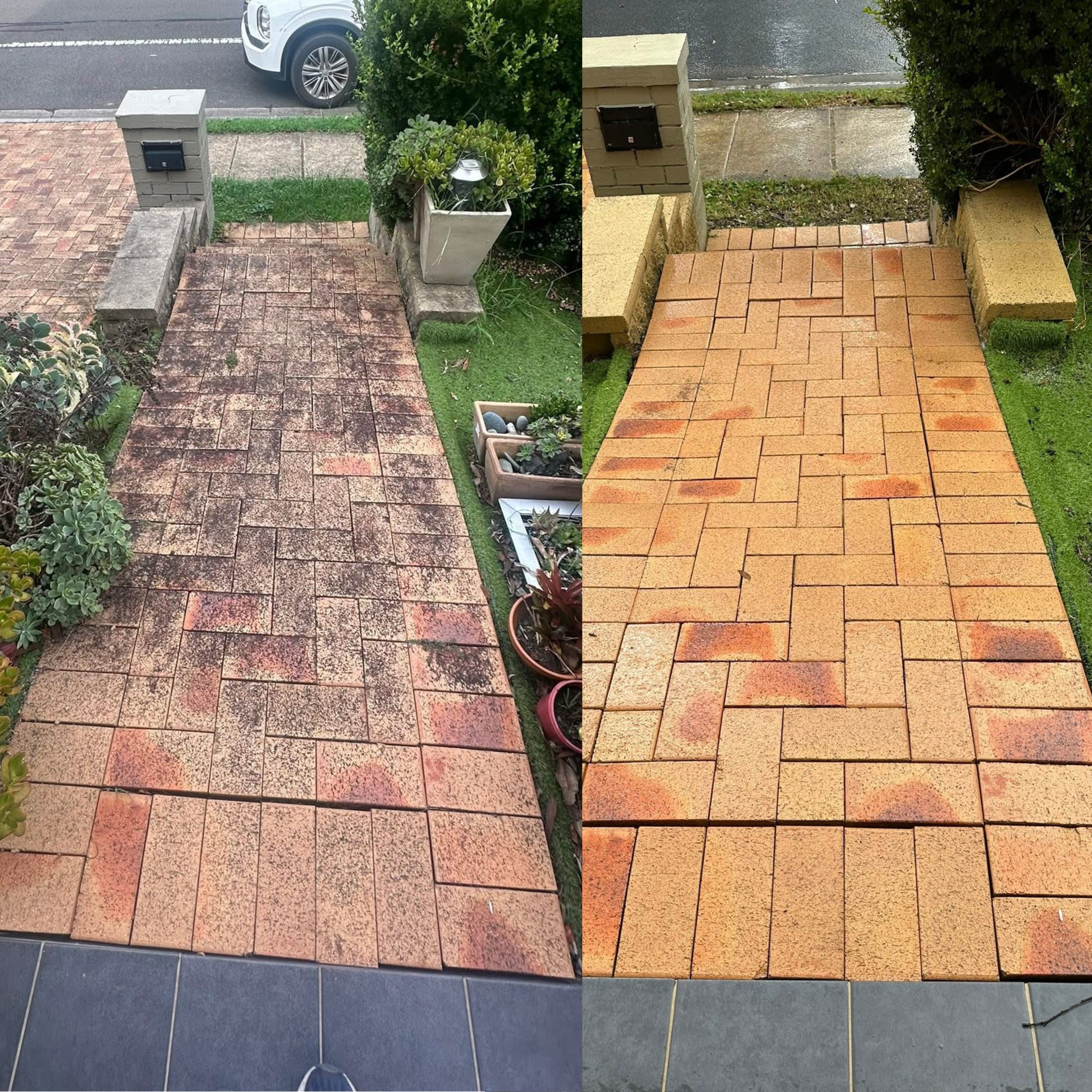 Comparison of a garden pathway before and after cleaning and resealing, showing a dirty, stained surface on the left and a clean, bright surface on the right.