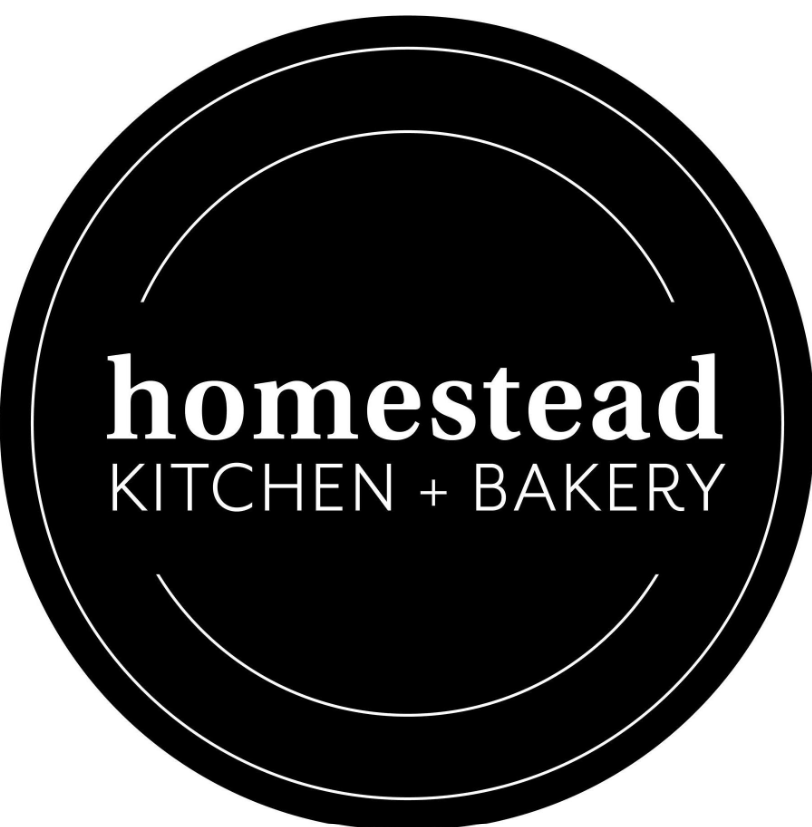 Logo for Homestead Kitchen and Bakery, featuring black circular background with white text and concentric circles.