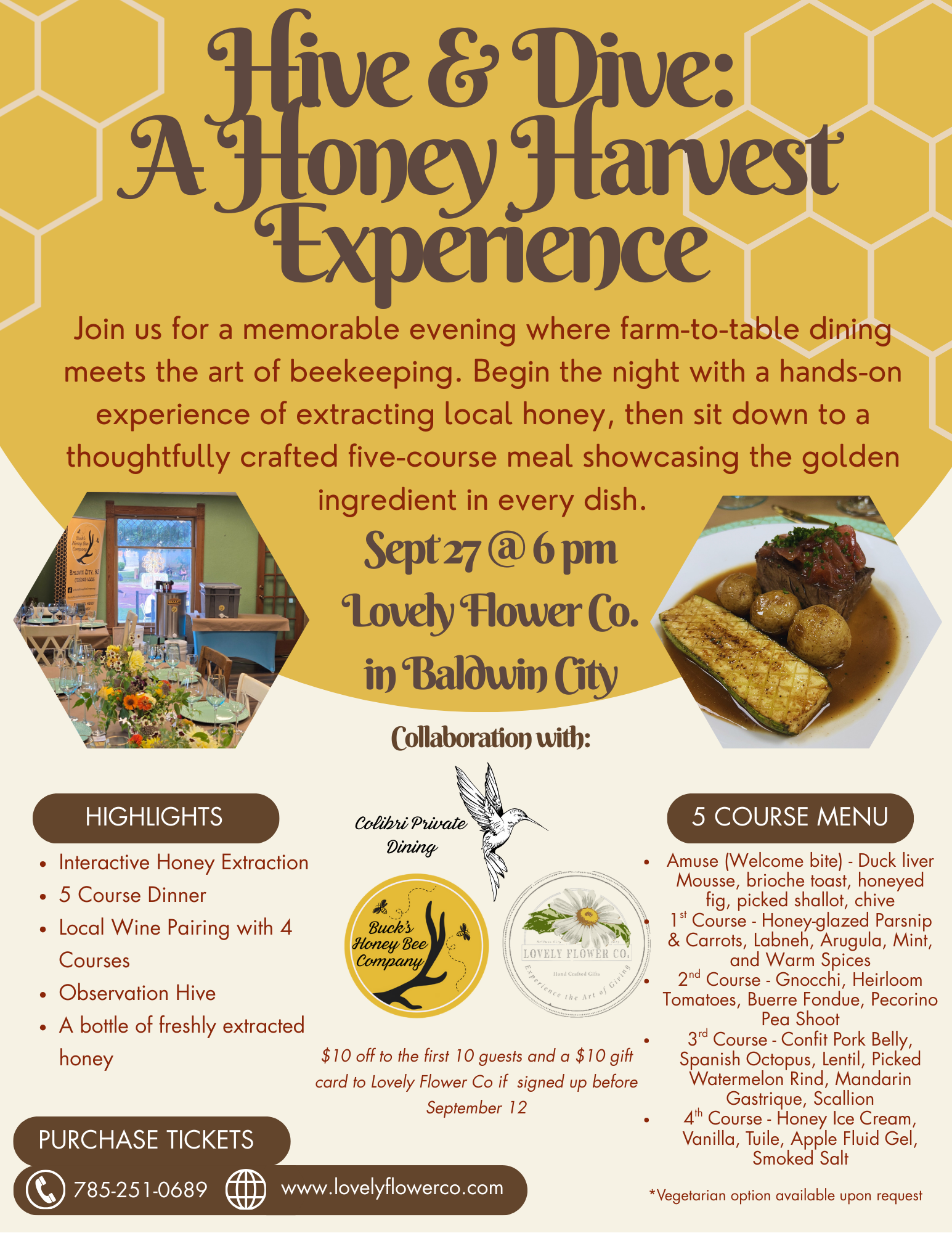 Event flyer titled 'Hive & Dive: A Honey Harvest Experience' with details about a farm-to-table dining event on September 27 at 6 pm at Lovely Flower Co. in Baldwin City, featuring honey extraction, a five-course meal, and collaboration with Buck's Honey Bee Company and Colibri Private Dining. The flyer includes photos of the event space and a plated dish, along with highlights, ticket information, and logos for the collaborating organizations.