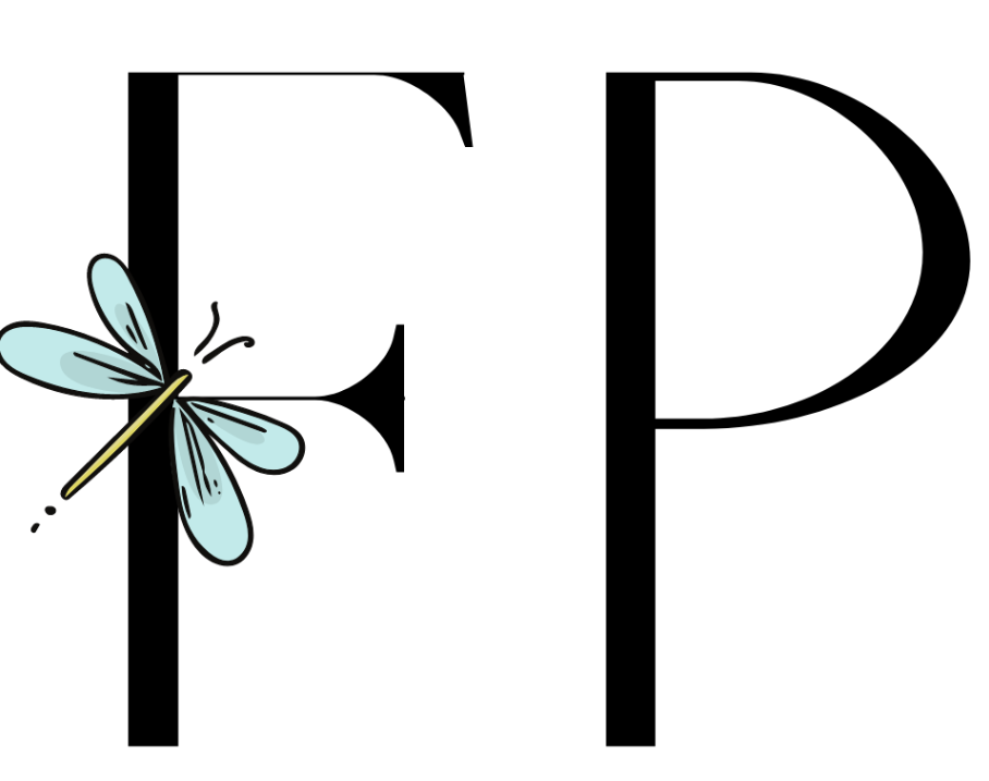 A decorative design with large black uppercase letters F and P. A light blue dragonfly with black details is perched on the left side of the letter F.
