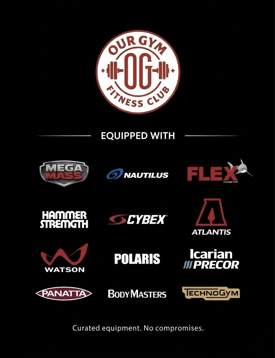 Logo of Our Gym Fitness Club (Burnside) with text indicating it is equipped with brands like Mega Mass, Nautilus, Flex, Hammer Strength, Cybex, Atlantis, Watson, Polaris, Icarian Precor, Panatta, Body Masters, and TechnoGym.