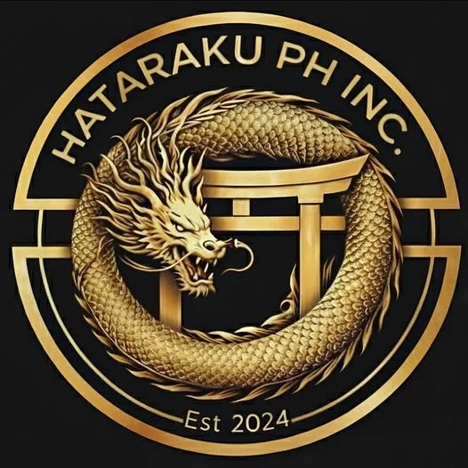 A circular logo with a black background, gold border, and the text 'HATARAKU PH INC.' at the top and 'Est 2024' at the bottom. The logo features a dragon intertwined with a traditional Japanese torii gate.