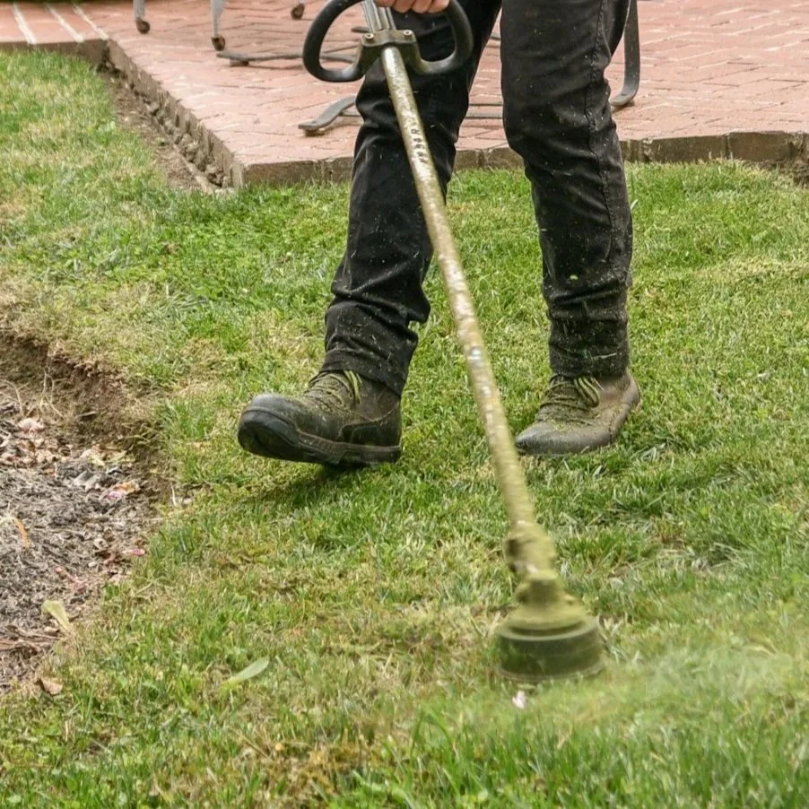 Person using grass trimmer to cut grass in a yard, wearing black pants and work boots.