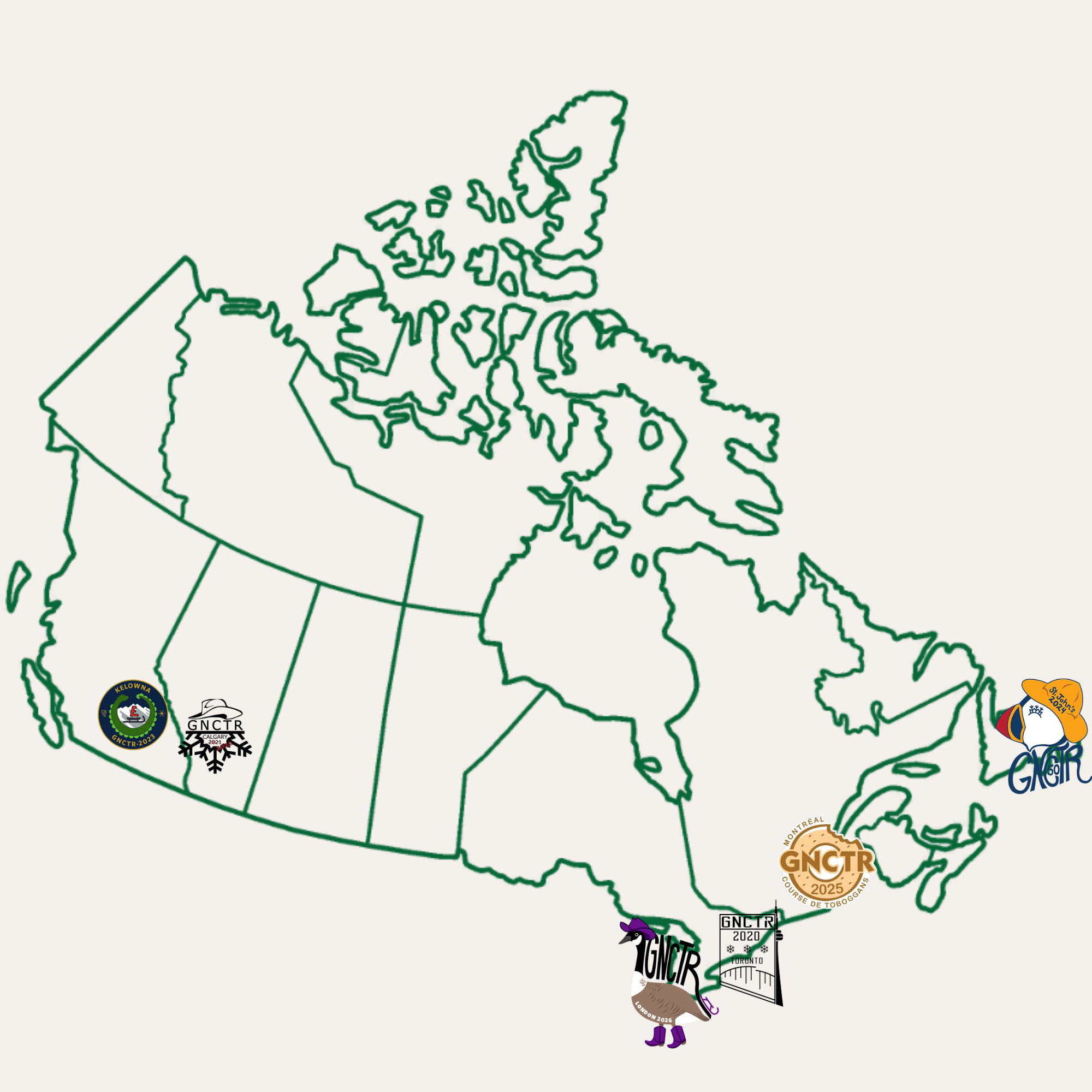 Outline map of Canada and the northern United States with various event logos at different locations.