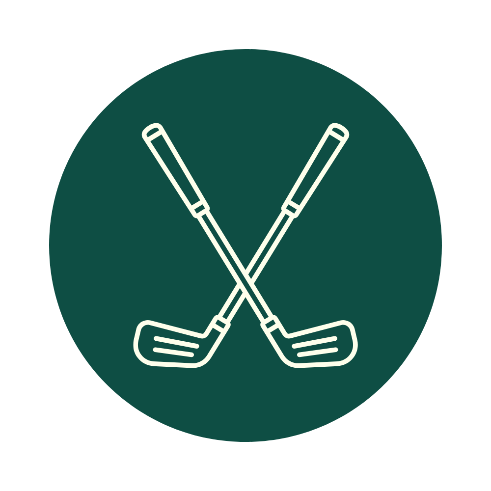 Icon of two crossed golf clubs inside a dark green circle.