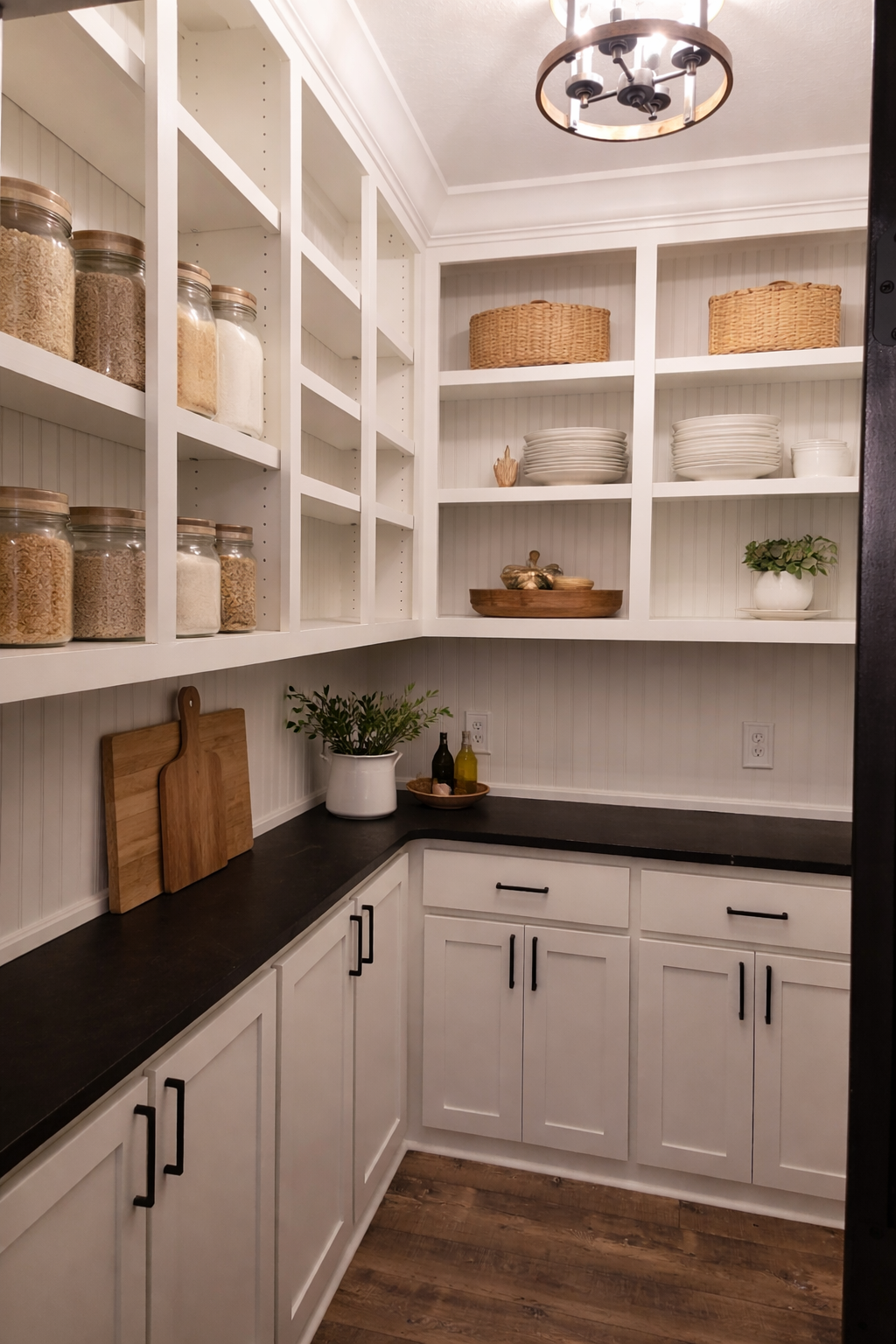 Corner of a pantry with white cabinets, open shelves filled with jars of dry goods, white bowls, and baskets, black countertop with cutting boards, potted plant, and small bottles, wooden floor, modern ceiling light.