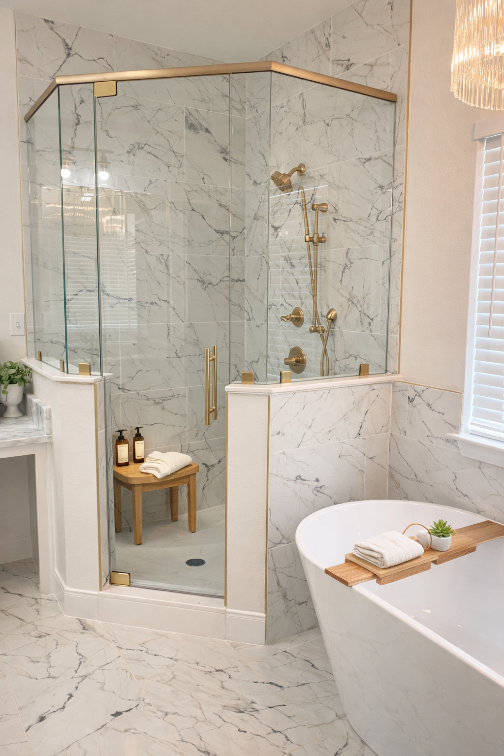 Luxurious bathroom with marble tiled walls and floors, glass shower enclosure with gold fixtures, and a freestanding bathtub with a wooden tray holding a towel and small plant.
