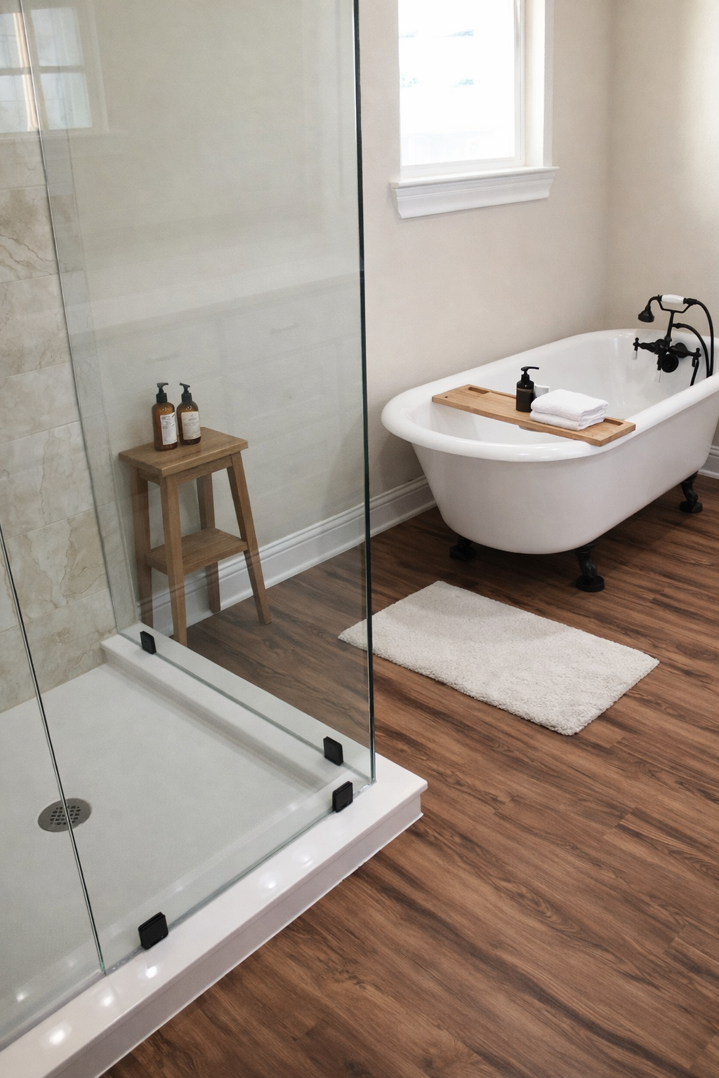 A bathroom with a walk-in shower and a vintage freestanding bathtub. The shower has a glass enclosure, and inside on a wooden stool are two bottles of toiletries. The bathtub has a wooden tray with a soap dispenser, a folded towel, and a small contai