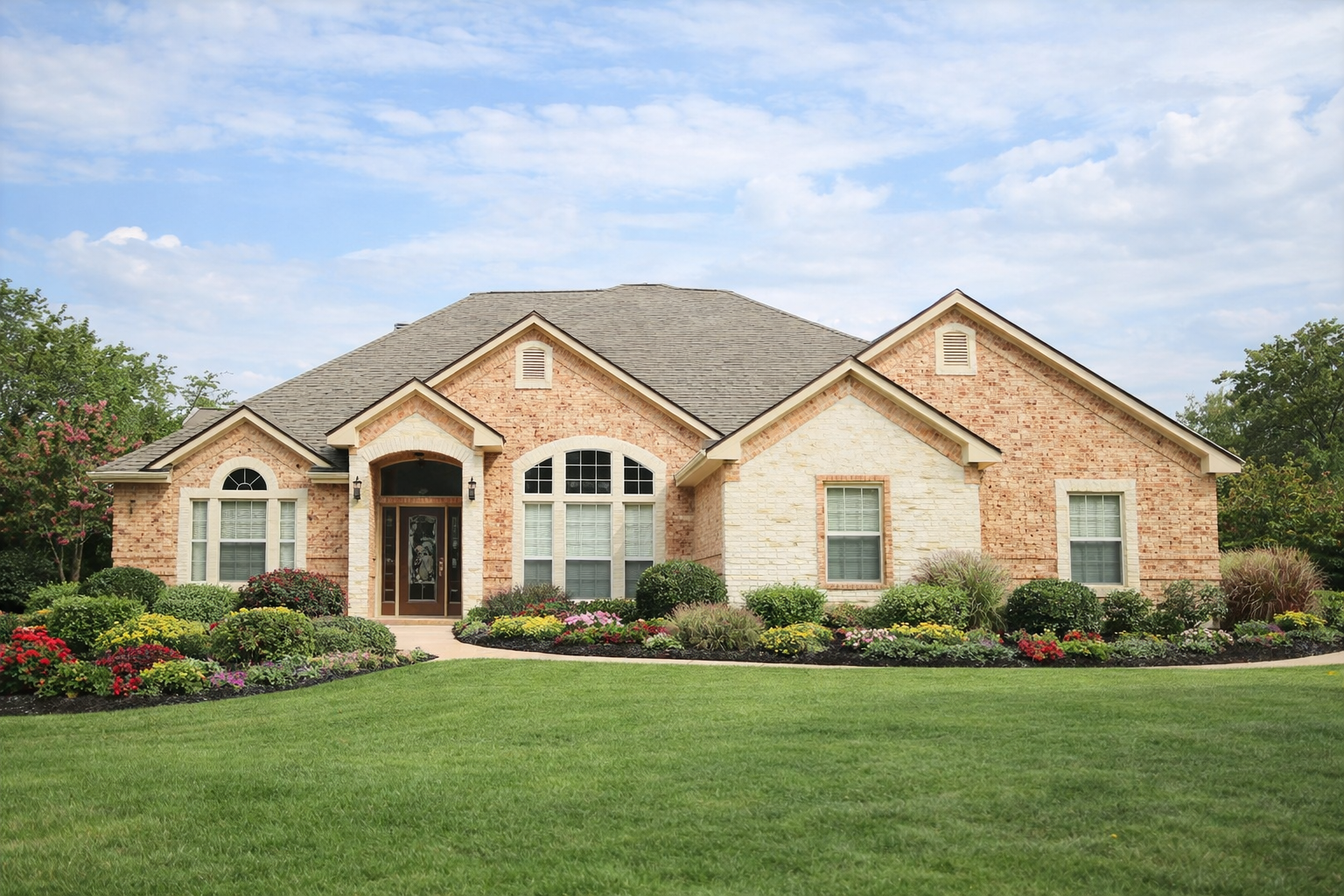 Front view of a two-story brick house with a well-manicured lawn and colorful flower beds.
