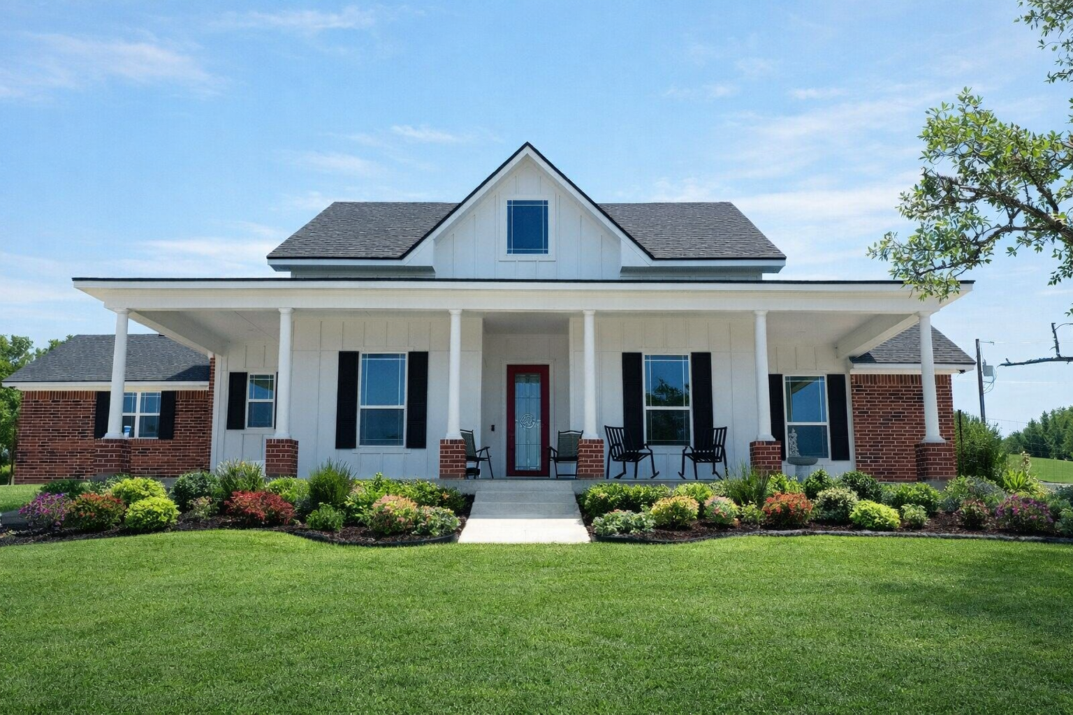 Front view of a large suburban house with white siding and red brick accents, a wide porch with black chairs, and a well-maintained lawn and garden in front.