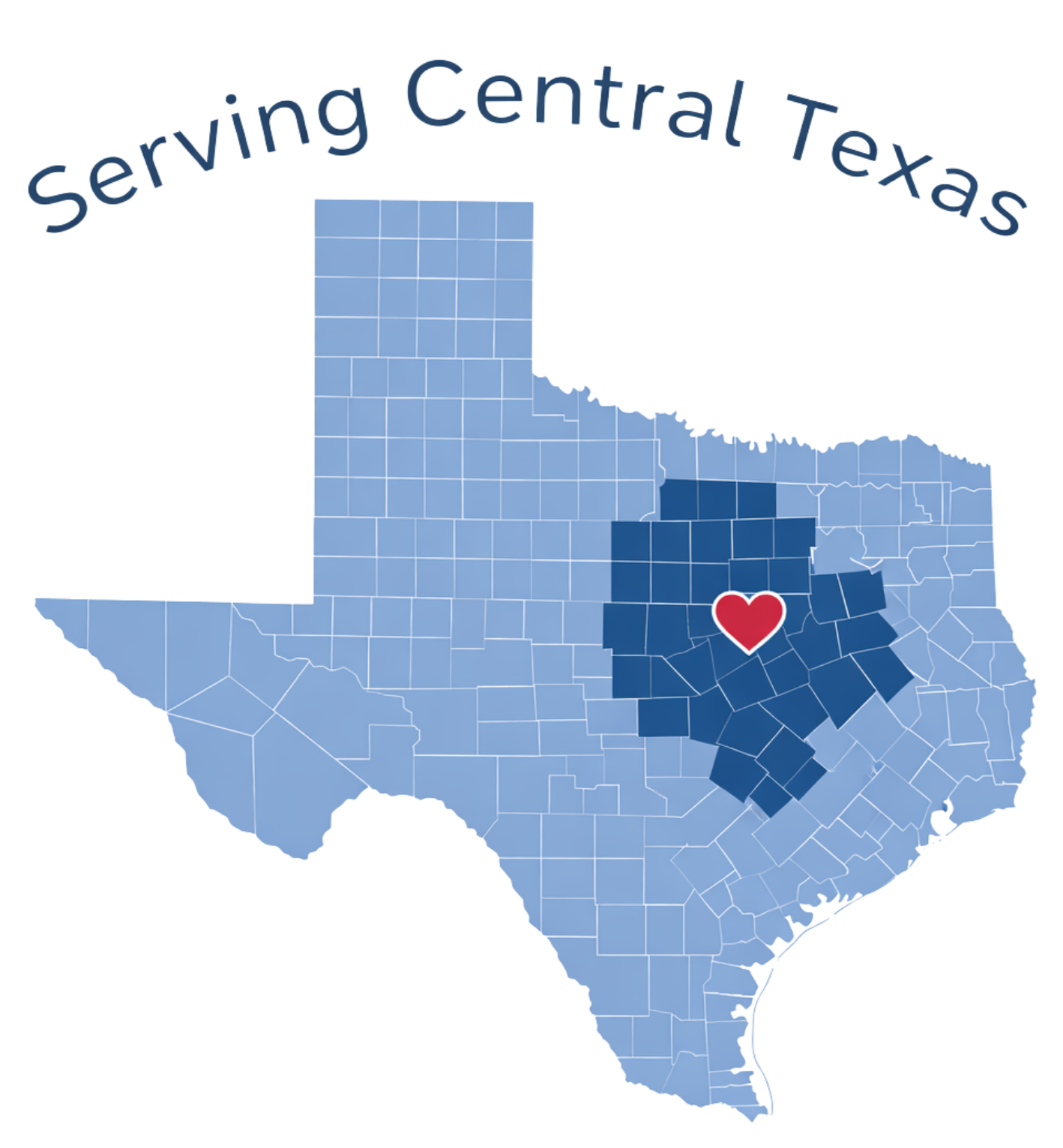 Map of Texas showing counties with Central Texas highlighted in dark blue and a red heart icon in the Austin area.