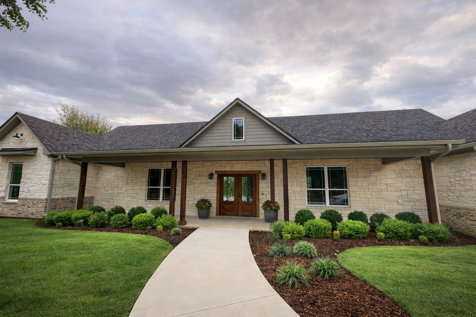 Front view of a house with a brick and stone exterior, a gabled roof, and a front porch supported by wooden posts, with a curved concrete walkway leading to the entrance, manicured lawn, and flower beds with bushes and potted plants.