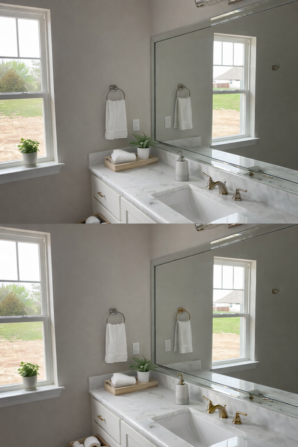 Bathroom sink area with a marble countertop, a large mirror, two windows, a potted plant, a soap dispenser, and a towel hanging on a ring, showing slight color change in accessories.
