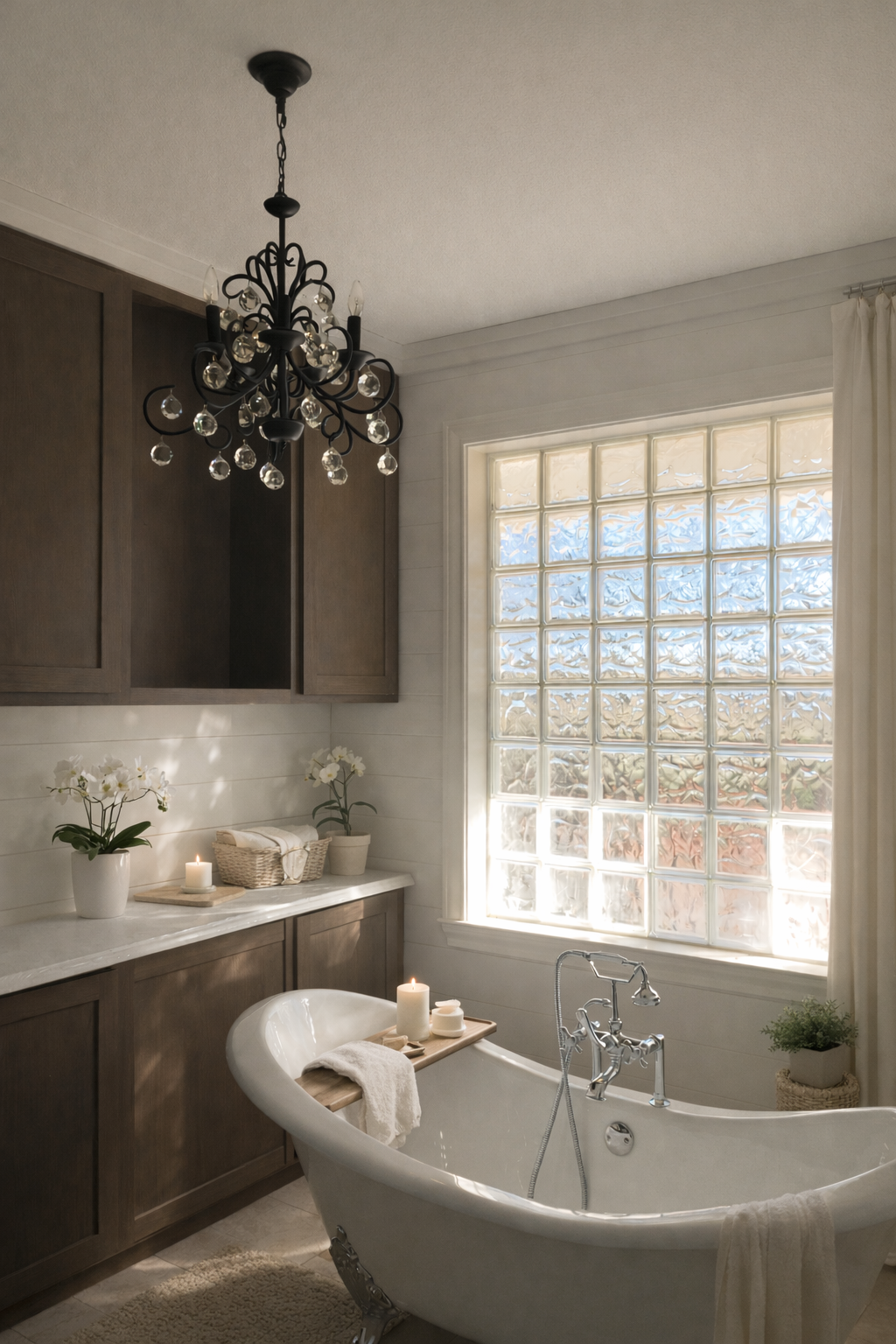 A bathroom with a white clawfoot bathtub, candles, and potted plants, illuminated by natural light from a large glass block window and decorated with a black chandelier.