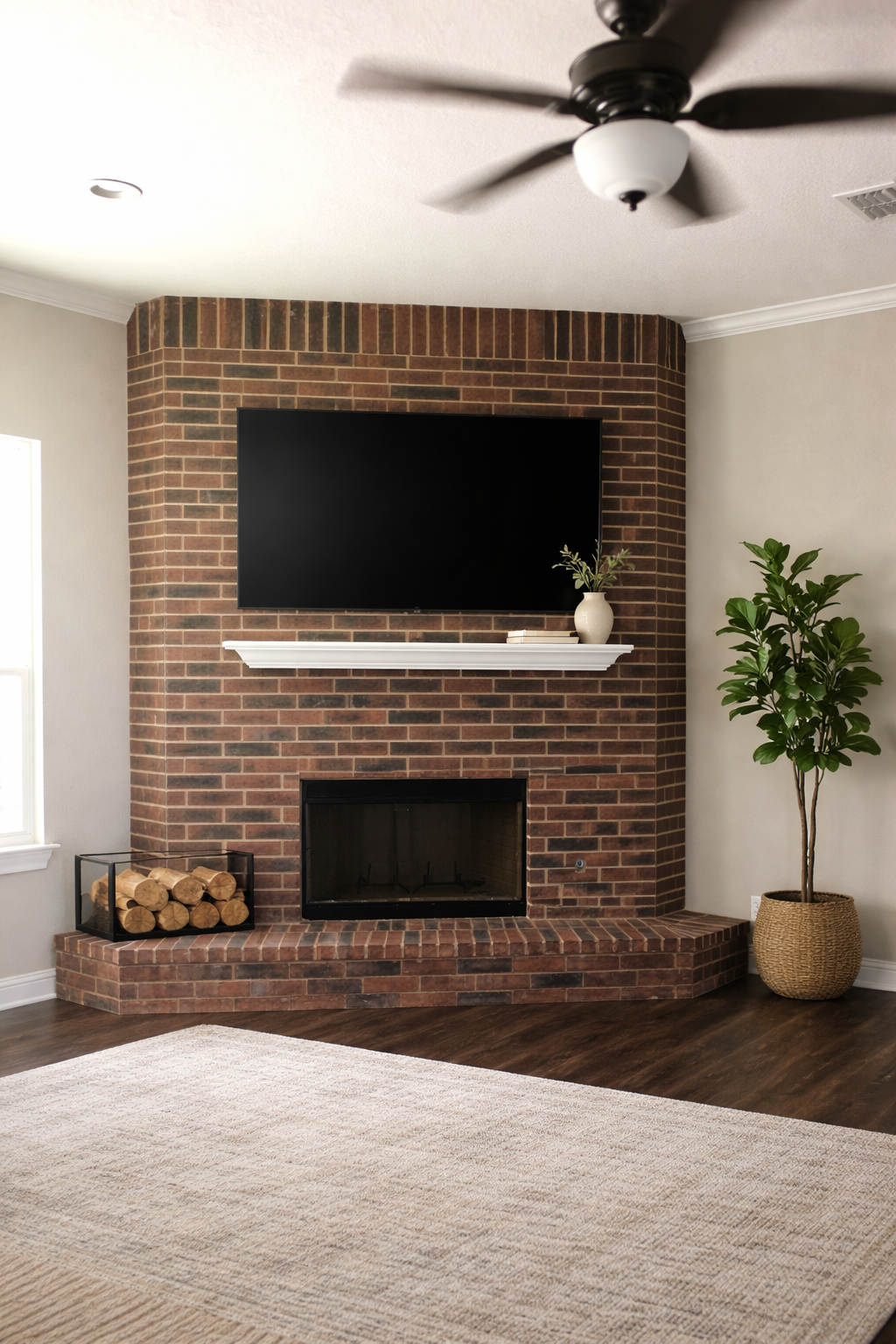 Living room with a brick fireplace, a mounted flat-screen TV, a white mantel with a vase and decorative items, a potted plant, and a pile of firewood in a glass holder, with a window and ceiling fan visible.