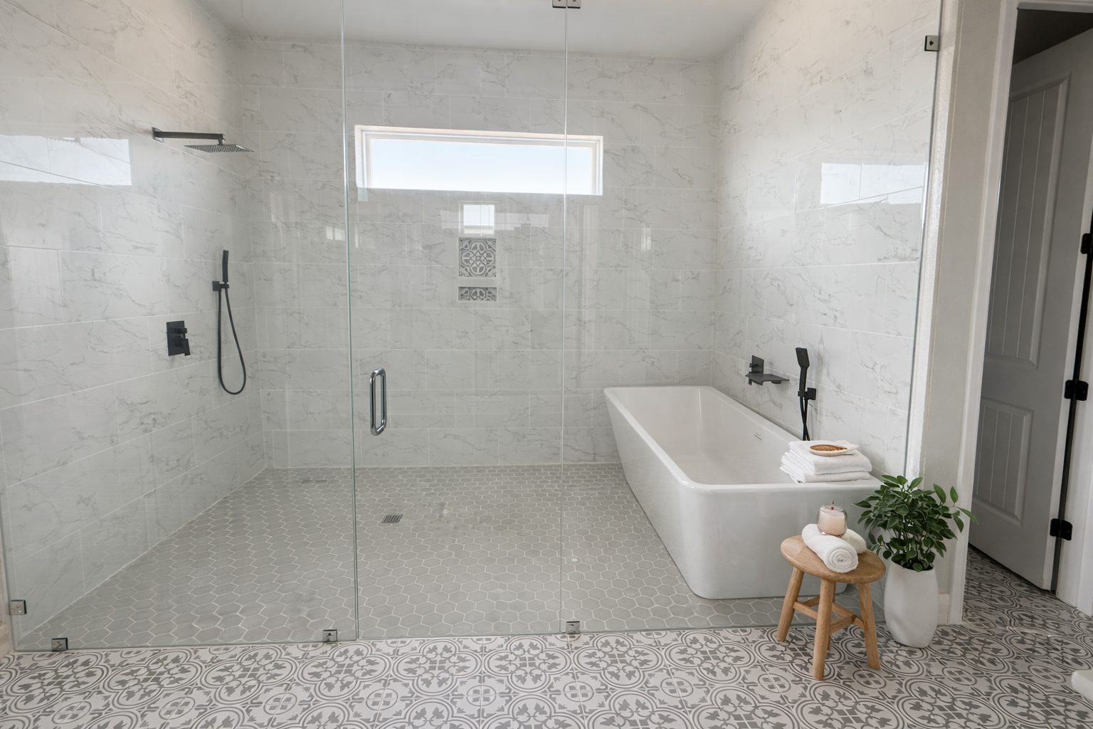 Modern bathroom with a walk-in shower with glass door, a white bathtub, black fixtures, a small wooden stool with a candle and towel, a potted plant, and decorative patterned floor tiles.
