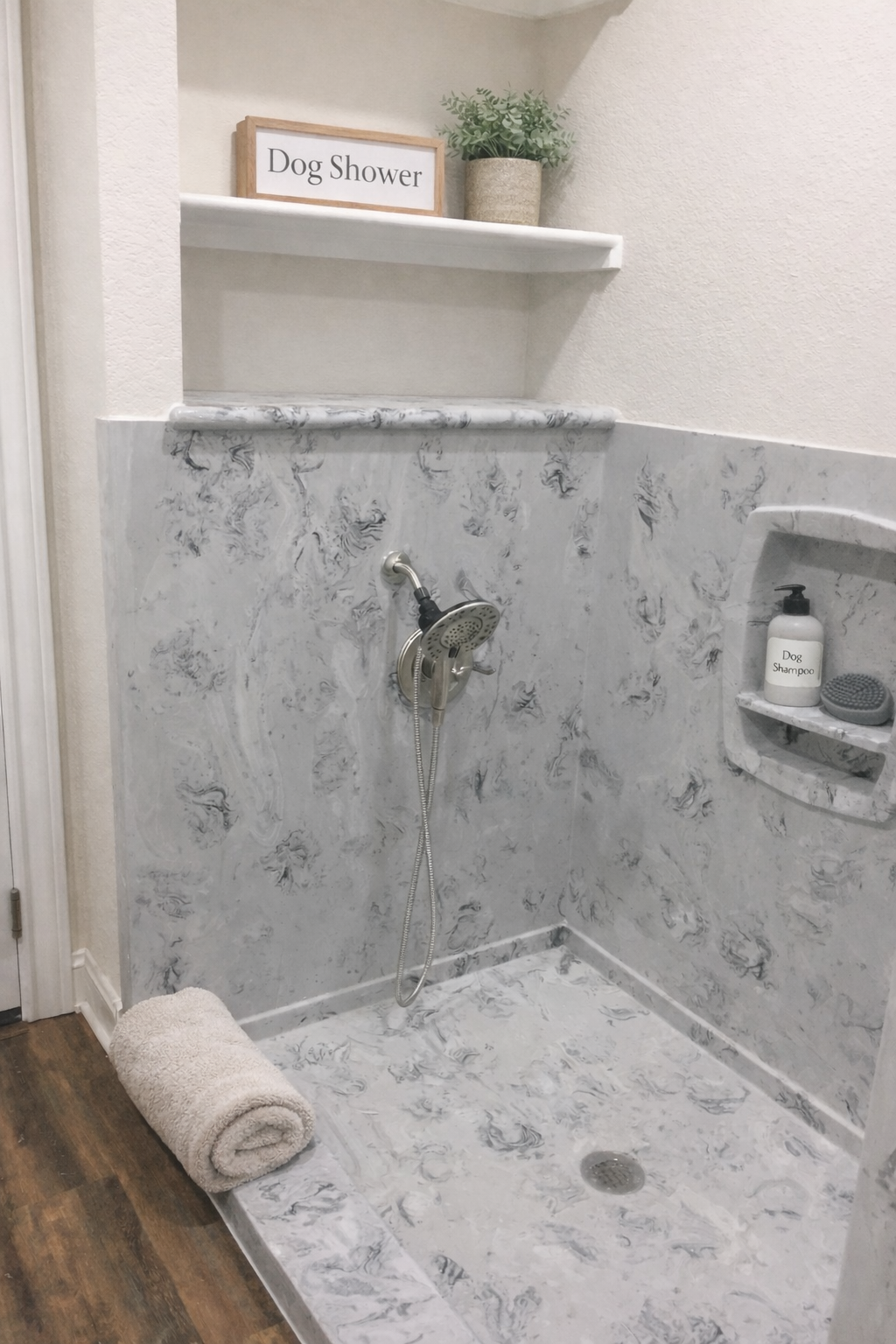 A designated dog shower area with a marble interior, a wall-mounted showerhead, a shelf with dog shampoo and a scrub brush, a rolled towel on the floor, and a sign that reads 'Dog Shower' on a shelf above.