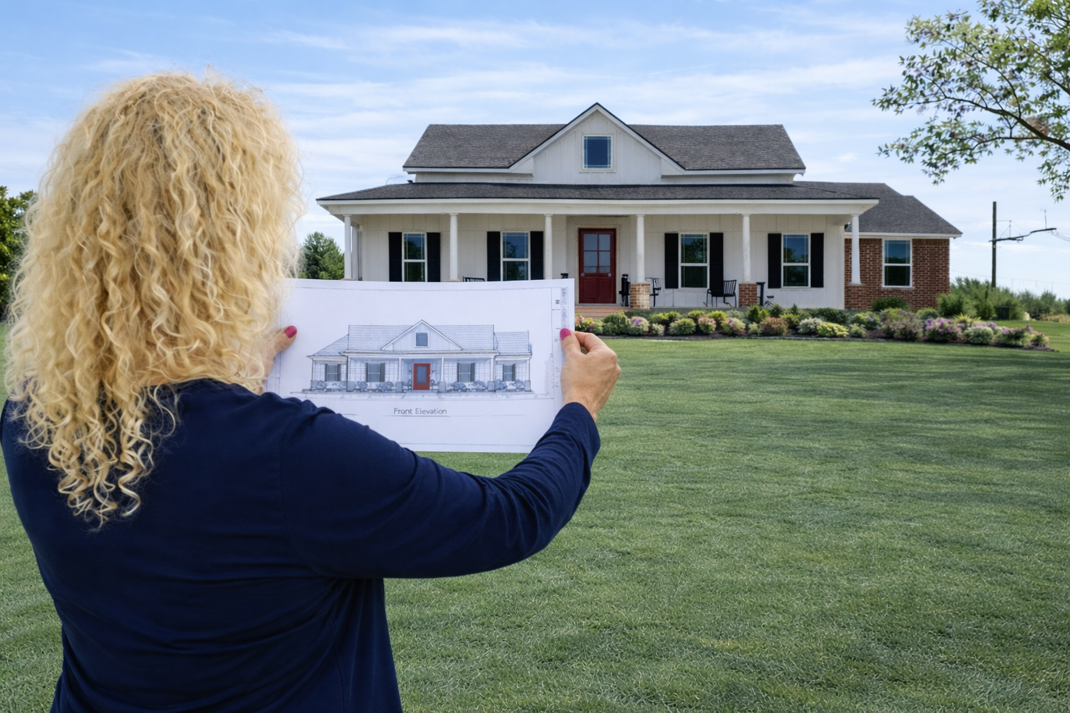 Woman with curly blonde hair holding a blueprint of a house in front of a real house.