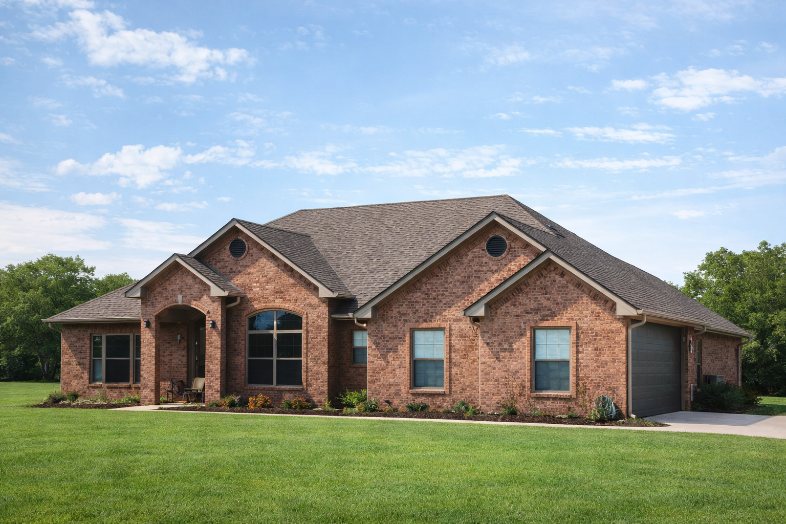 A single-story brick house with a gabled roof, front porch with chairs, surrounded by green lawn and shrubbery, against a blue sky with scattered clouds.