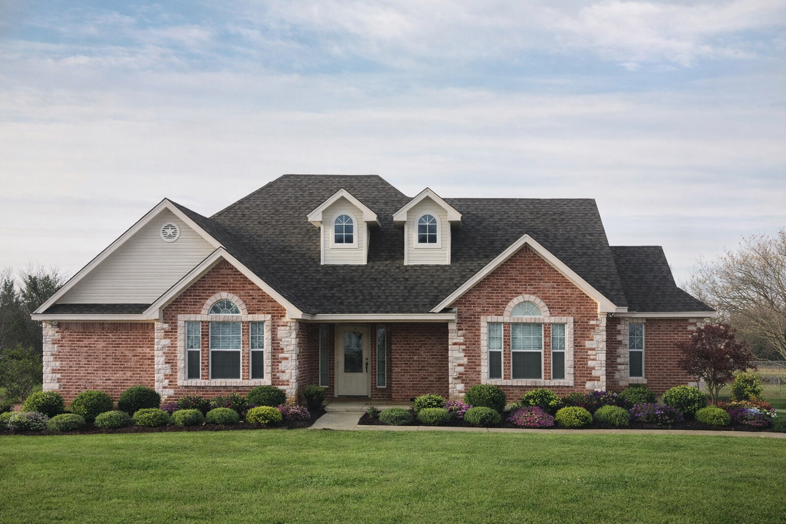 Front view of a brick house with a landscaped yard and a cloudy sky.
