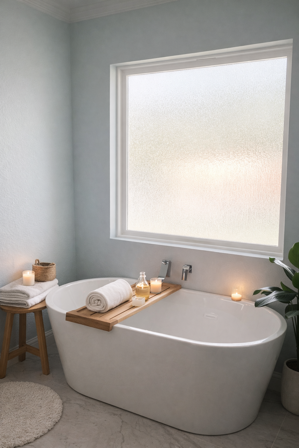 Modern bathroom with a freestanding bathtub near a large frosted window, candles, and a small wooden stool with towels and a basket, decorated for relaxation.