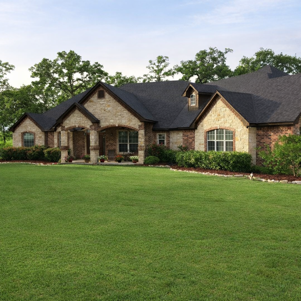 A large brick and stone house with a dark shingle roof, surrounded by a well-maintained green lawn and shrubbery, under a cloudy sky.