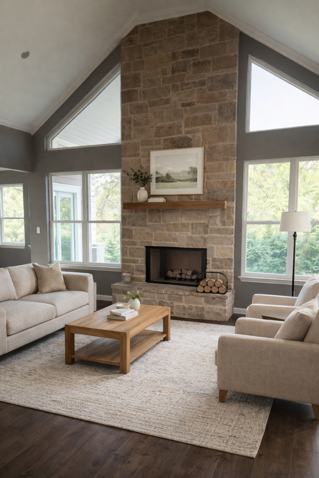 Living room with beige sofa and armchair, wooden coffee table, stone fireplace with wooden mantle, large windows with greenery outside, and a lamp.