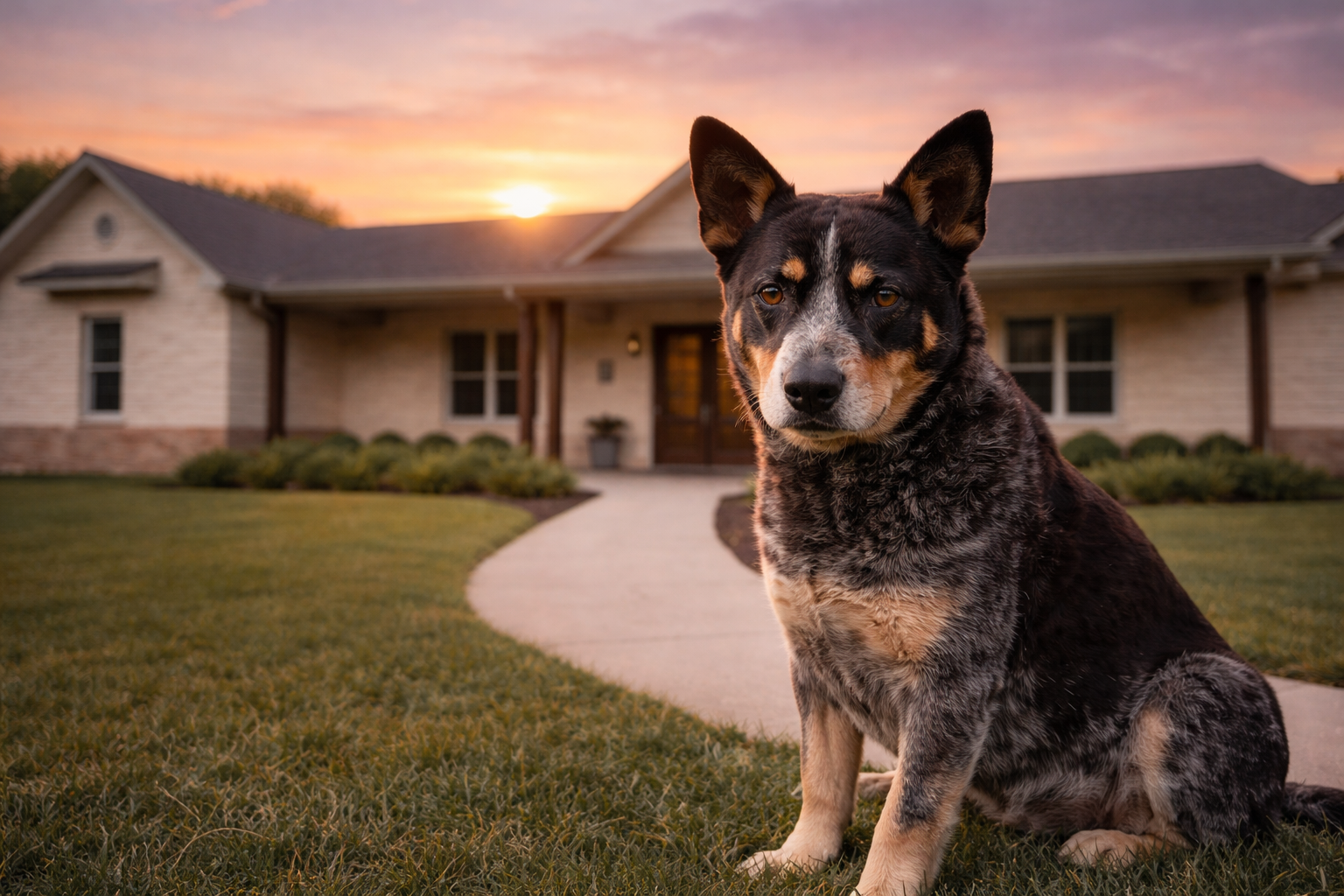 A dog sitting on a lawn in front of a house at sunset