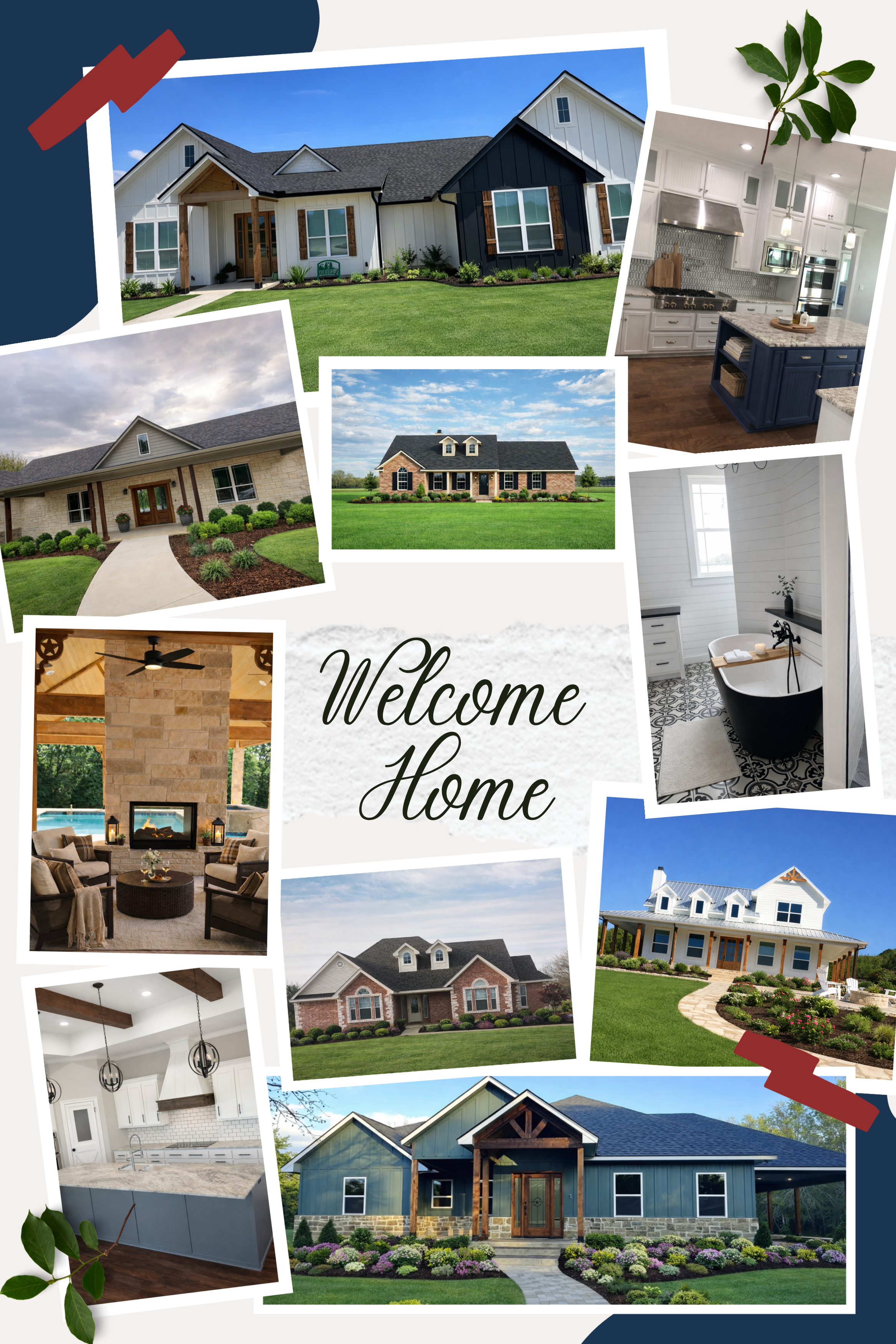 Collage of different house exteriors and interiors with a central message 'Welcome Home'.