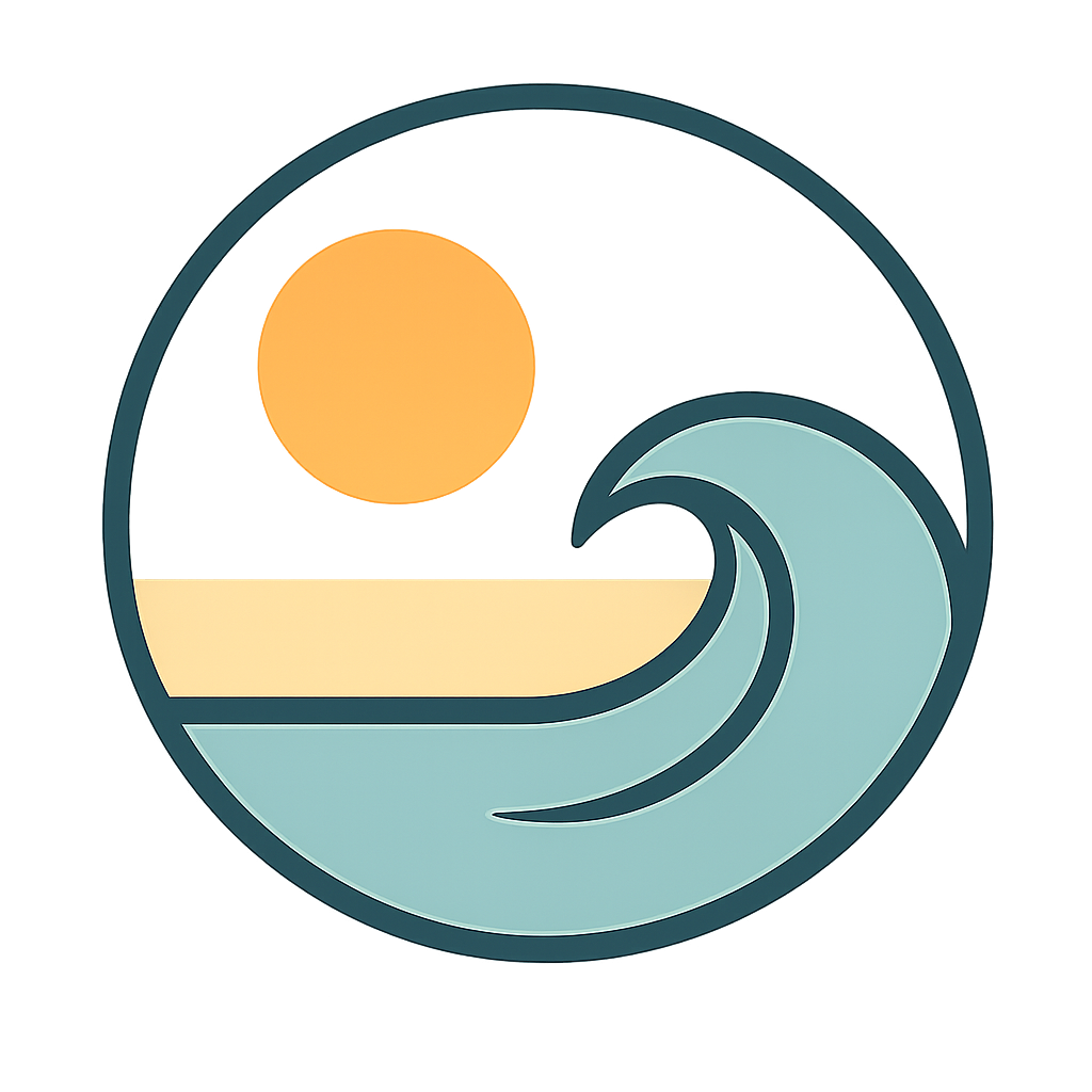 Stylized graphic of a sunset over the ocean with a large wave, sun, and horizon, using a modern minimalistic design with soft pastel colors.