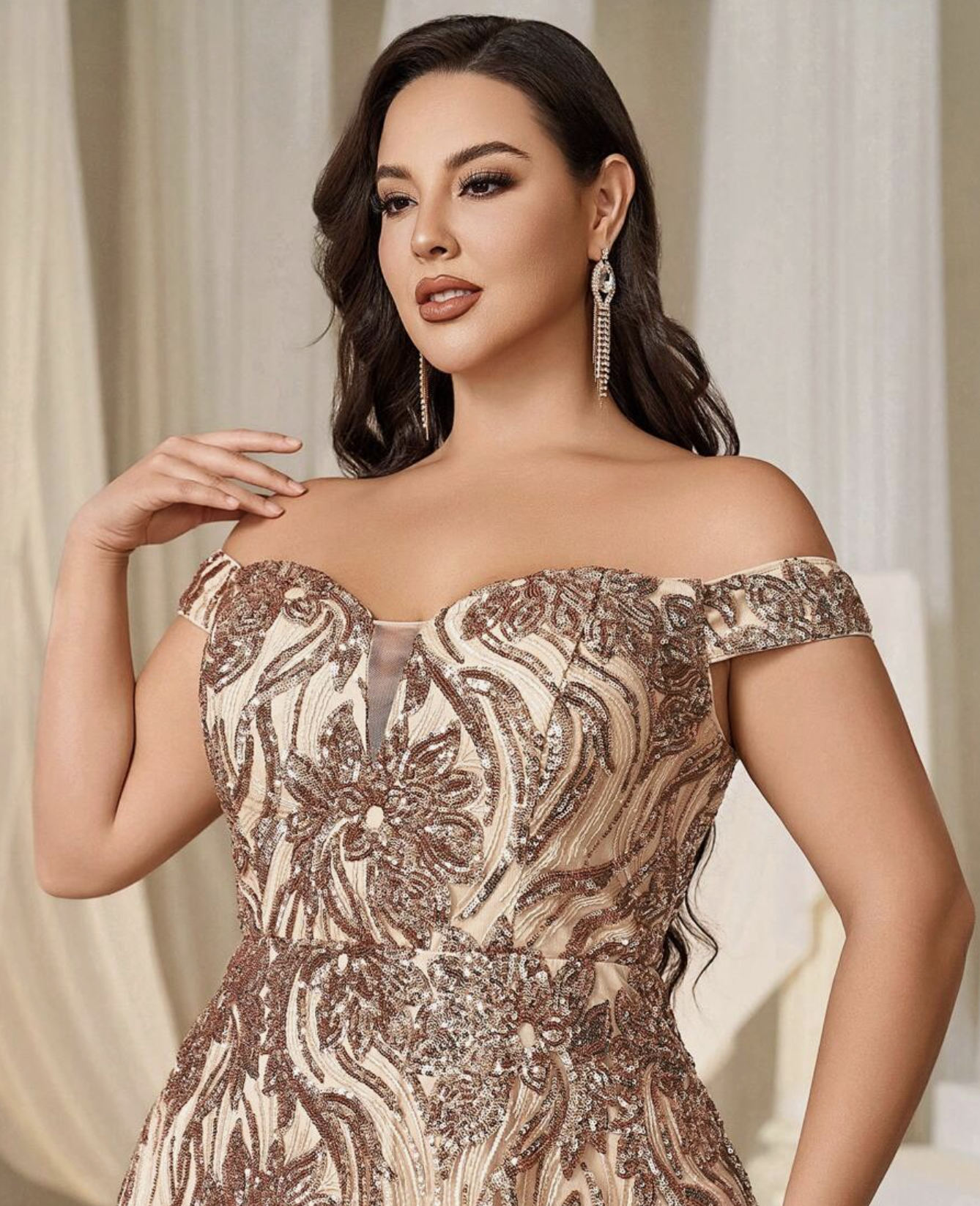 Plus Size Elegant Off Shoulder Sequin Mesh Prom Dress