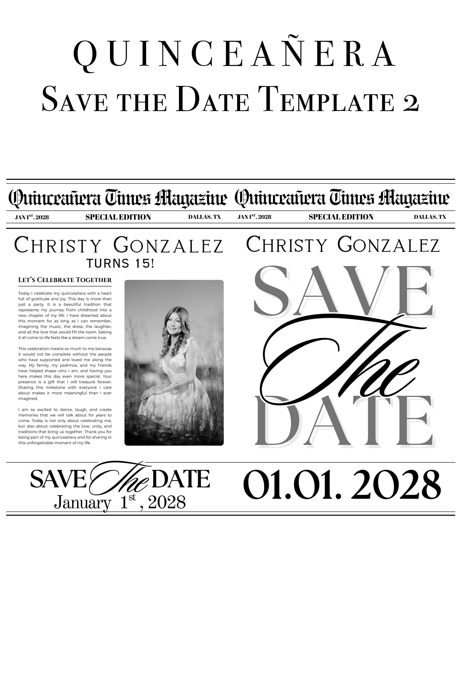Quinceanera Save the Date Newspaper Canva Template 2