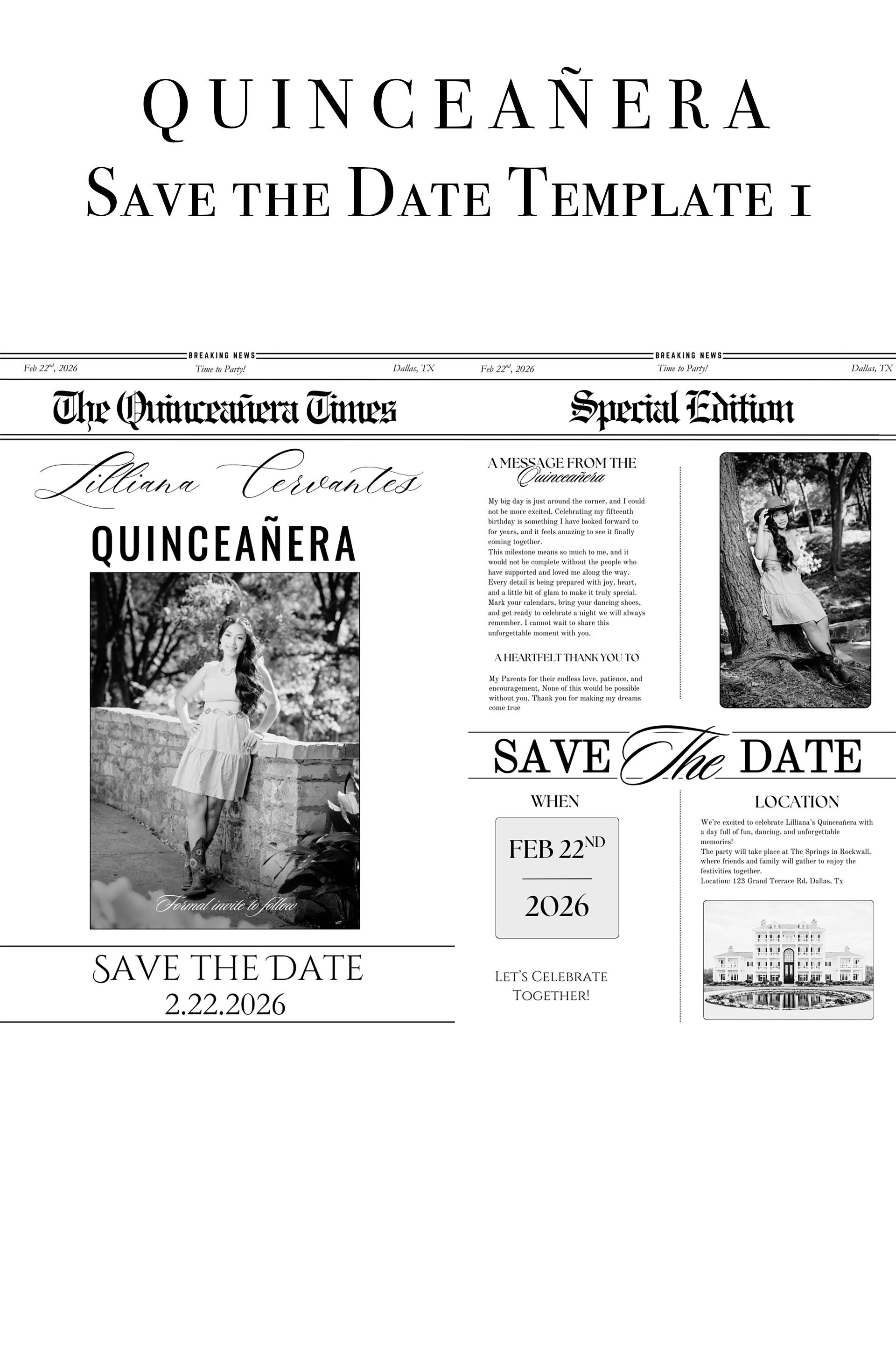Quinceanera Save the Date Newspaper Canva Template 1