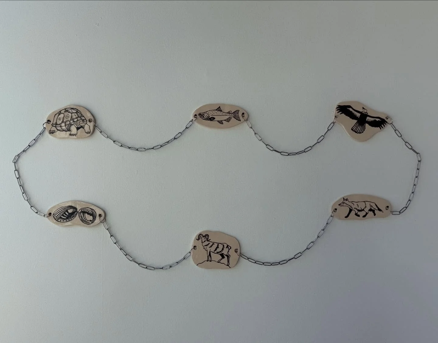 California Chained Together
Ceramic tiles linked with chain 
(B-mix with sand, black decorative slip, clear glaze) 
5 ft x 3 ft
⭐️
So proud to have this piece displayed in the Avenues of Awareness exhibit at the TPK Gallery on campus. Be sure to swin