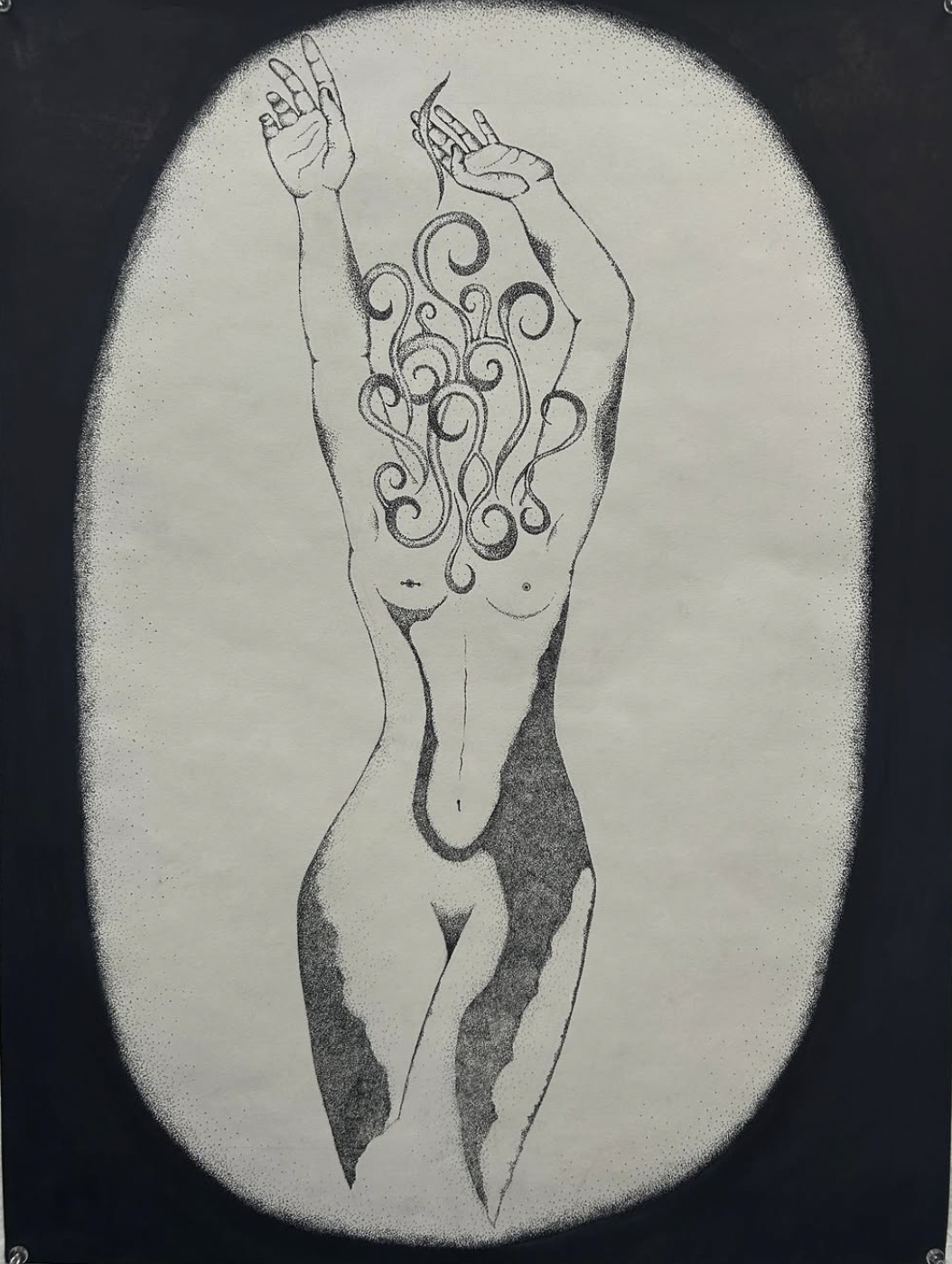 "Divine Feminine", ink on paper, pointillism