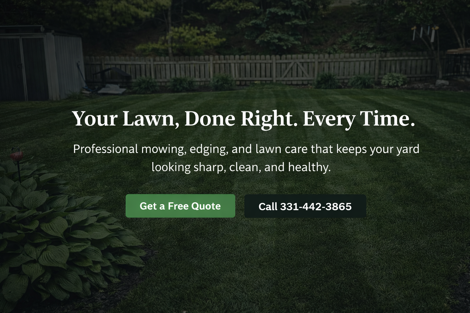 A well-maintained backyard lawn with a wooden fence, garden plants, and trees, promoting a professional yard care service advertisement.