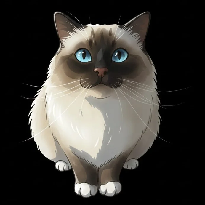 Digital illustration of Artemis with blue eyes, fluffy fur, and a cream and gray coat against a black background.