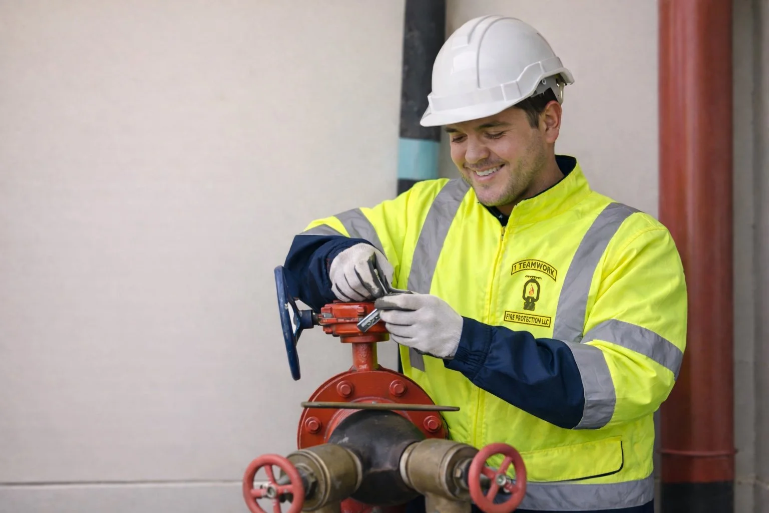A male worker in a yellow safety jacket and white hard hat operates a valve with a wrench, standing near industrial piping.