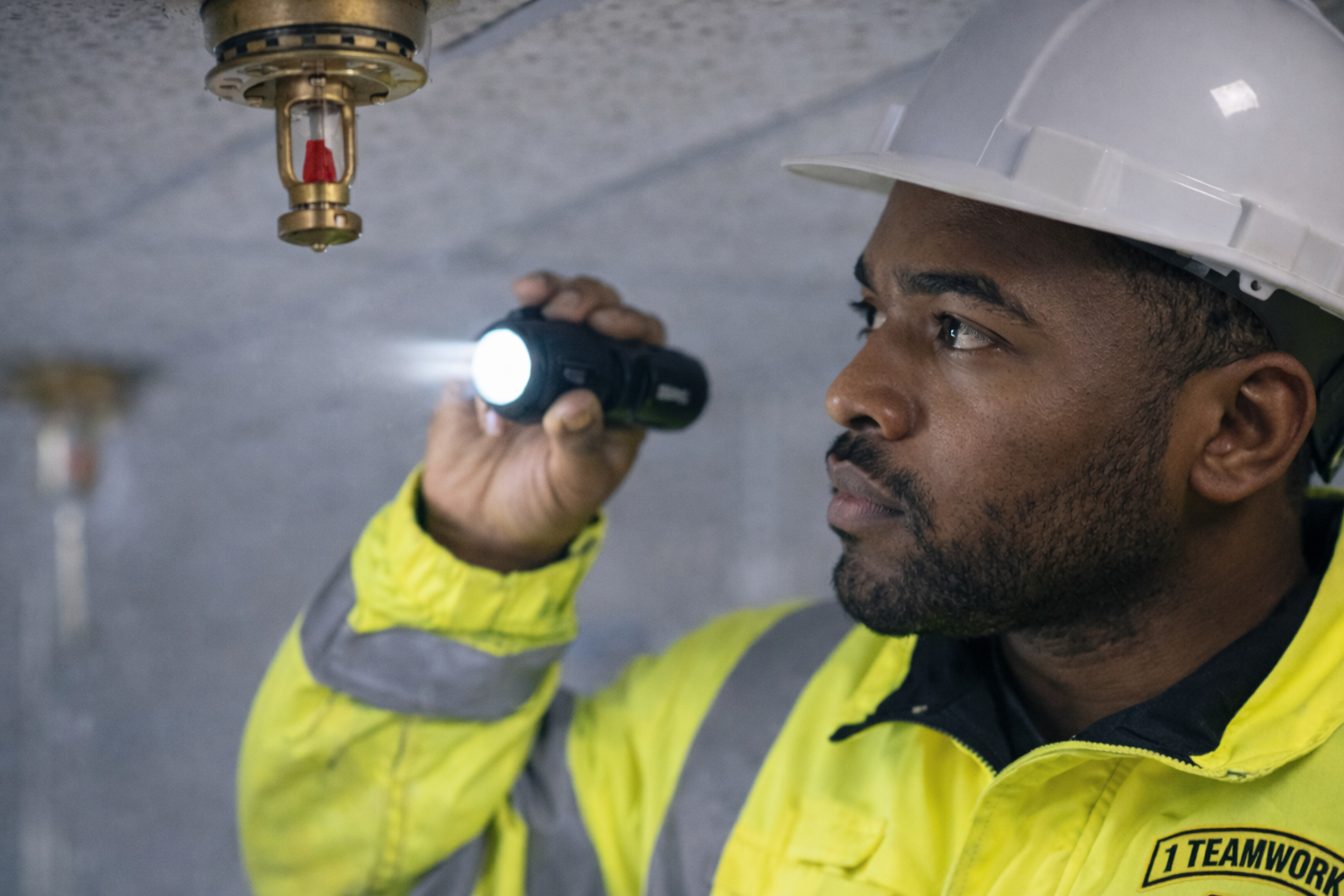 A male worker in a yellow safety jacket and white hard hat inspecting a pipe with a flashlight.