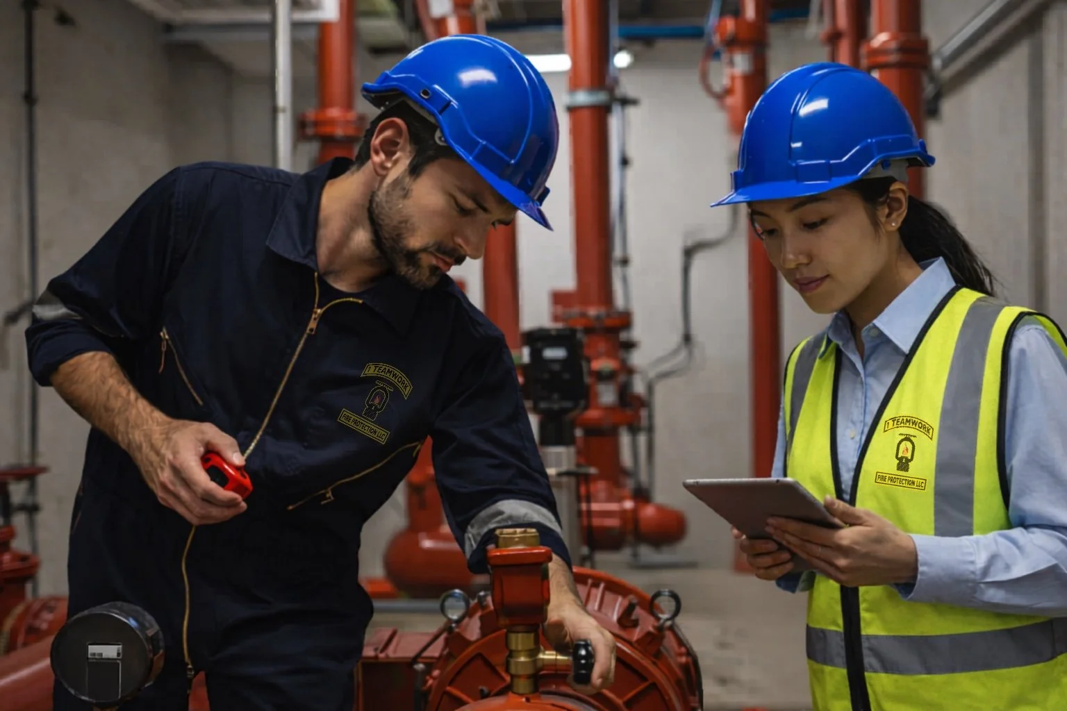 Two workers wearing blue safety helmets and safety vests inspecting equipment in an industrial setting.
