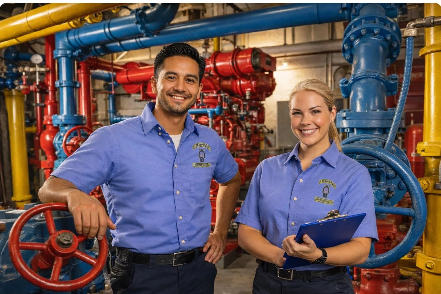 Two smiling workers, one male and one female, in blue uniforms standing among industrial pipes and valves, holding a clipboard in an industrial setting.
