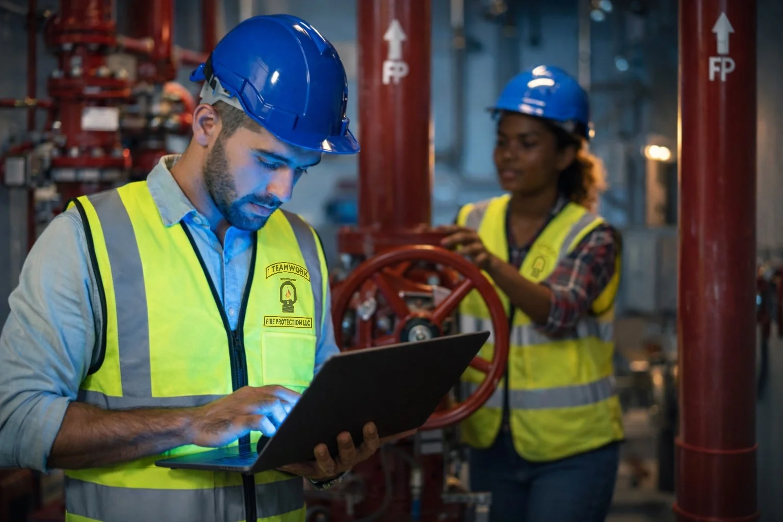 Two workers in safety vests and blue hard hats operating equipment and reviewing information in an industrial setting.