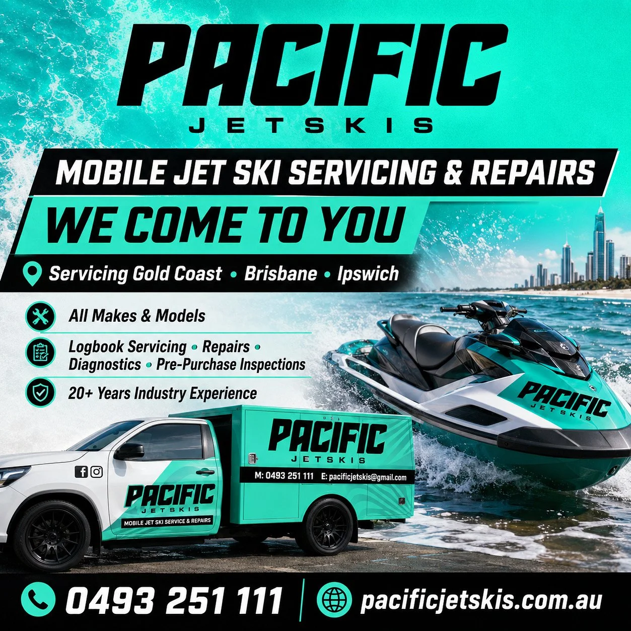 Flyer for Pacific Jetskis advertising mobile jet ski servicing and repairs on the Gold Coast, Brisbane, and Ipswich. Features a jet ski and a service van with company branding, and information on services, experience, contact, and location.