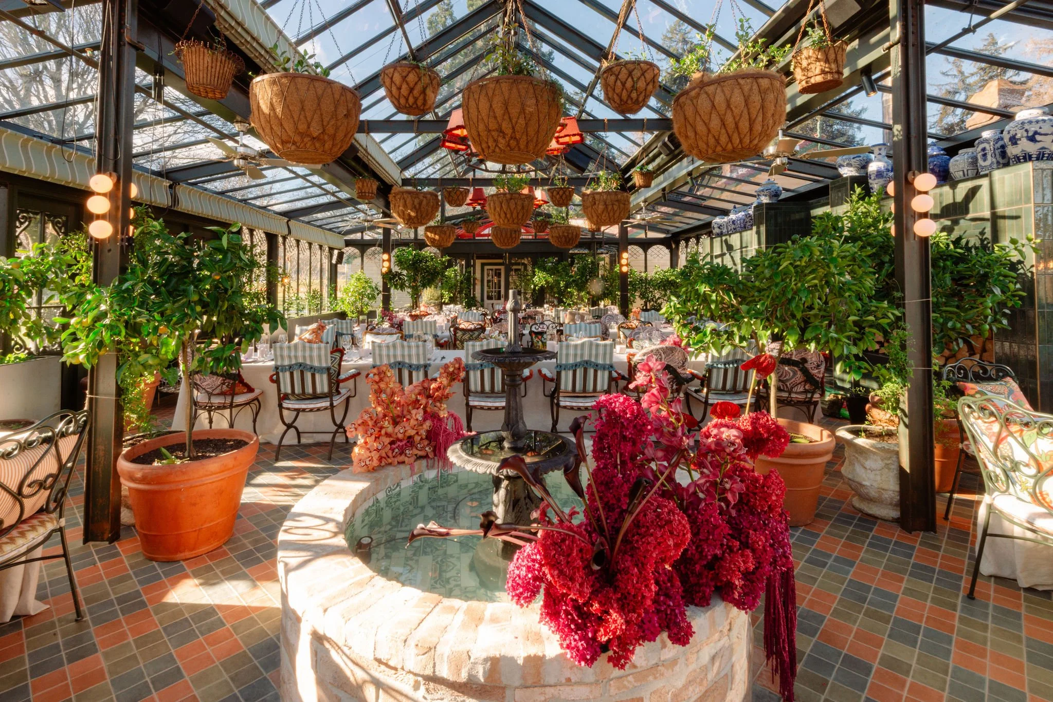 The interior dining space with water fountain at the Orangery extension to Billy's Restaurant at Ayrburn in Arrowtown, built by Diemarco Builders Queenstown.