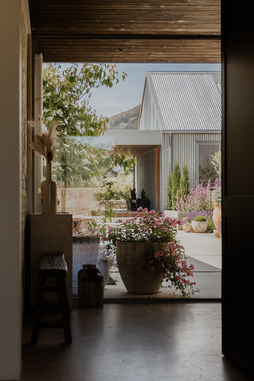 Looking out a larger feature window in a Gibbston Valley home built by Diemarco Builders Queenstown.