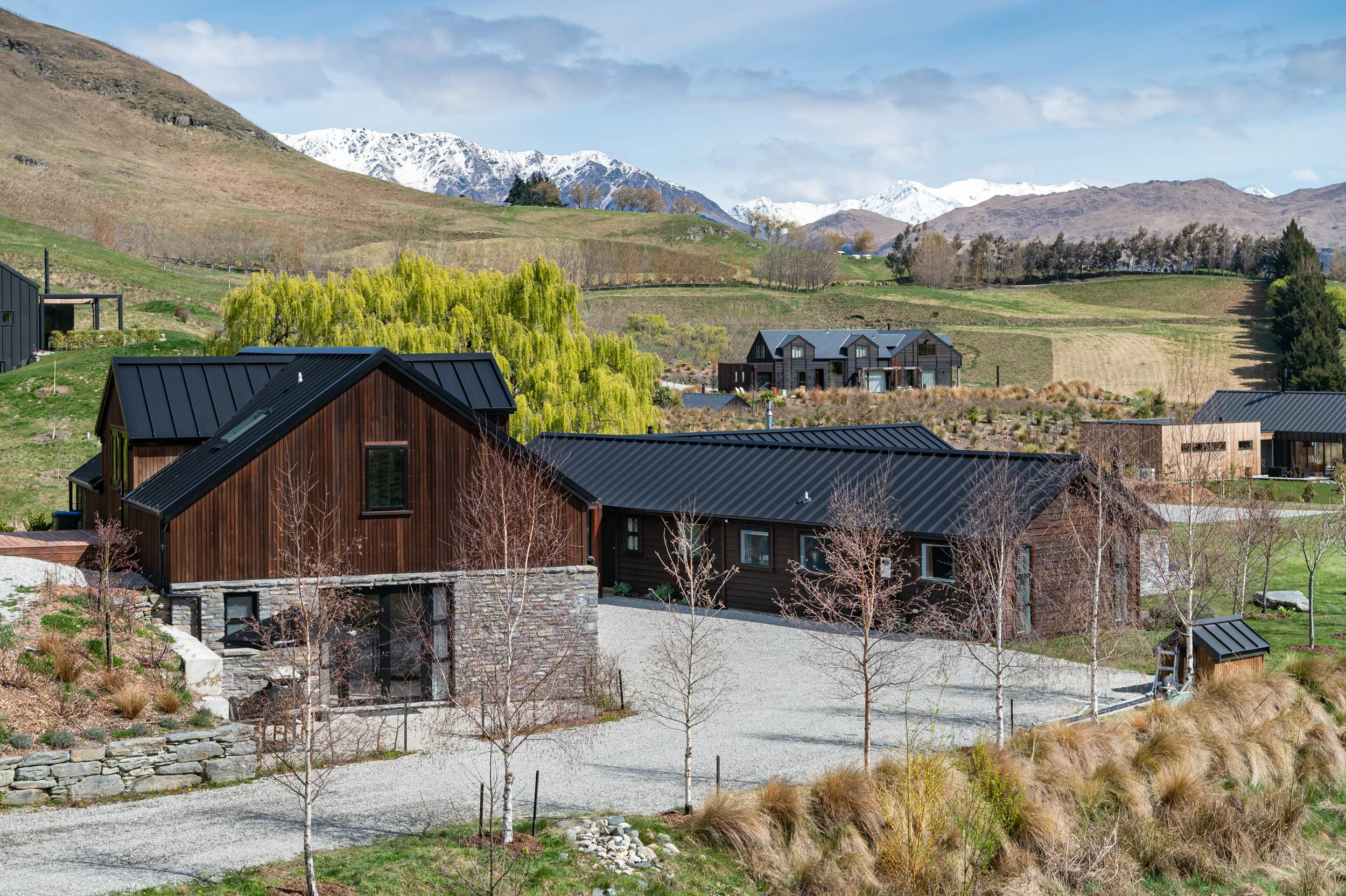 Looking down the driveway towards a new home build in Threepwood by Diemarco Builders Queenstown.