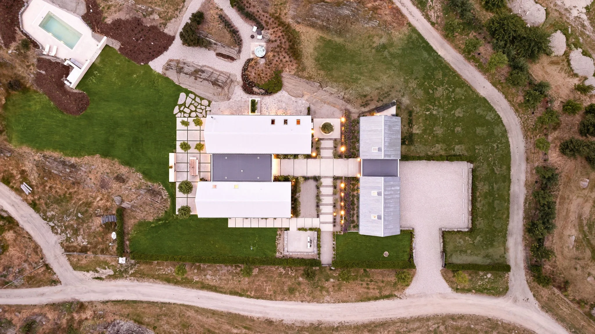 Aerial view of architectural home built by Diemarco Builders Queenstown.